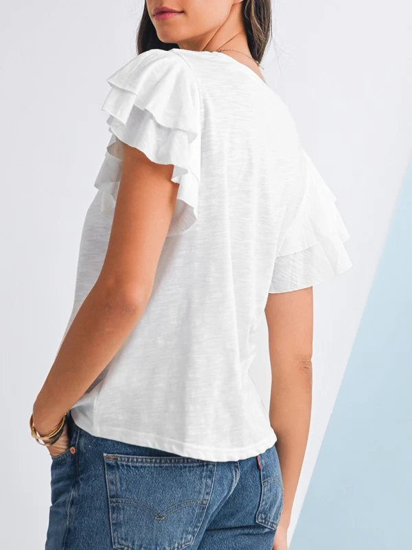 Cotton White Black Ruffle Sleeve Plain Blouse - Image 16