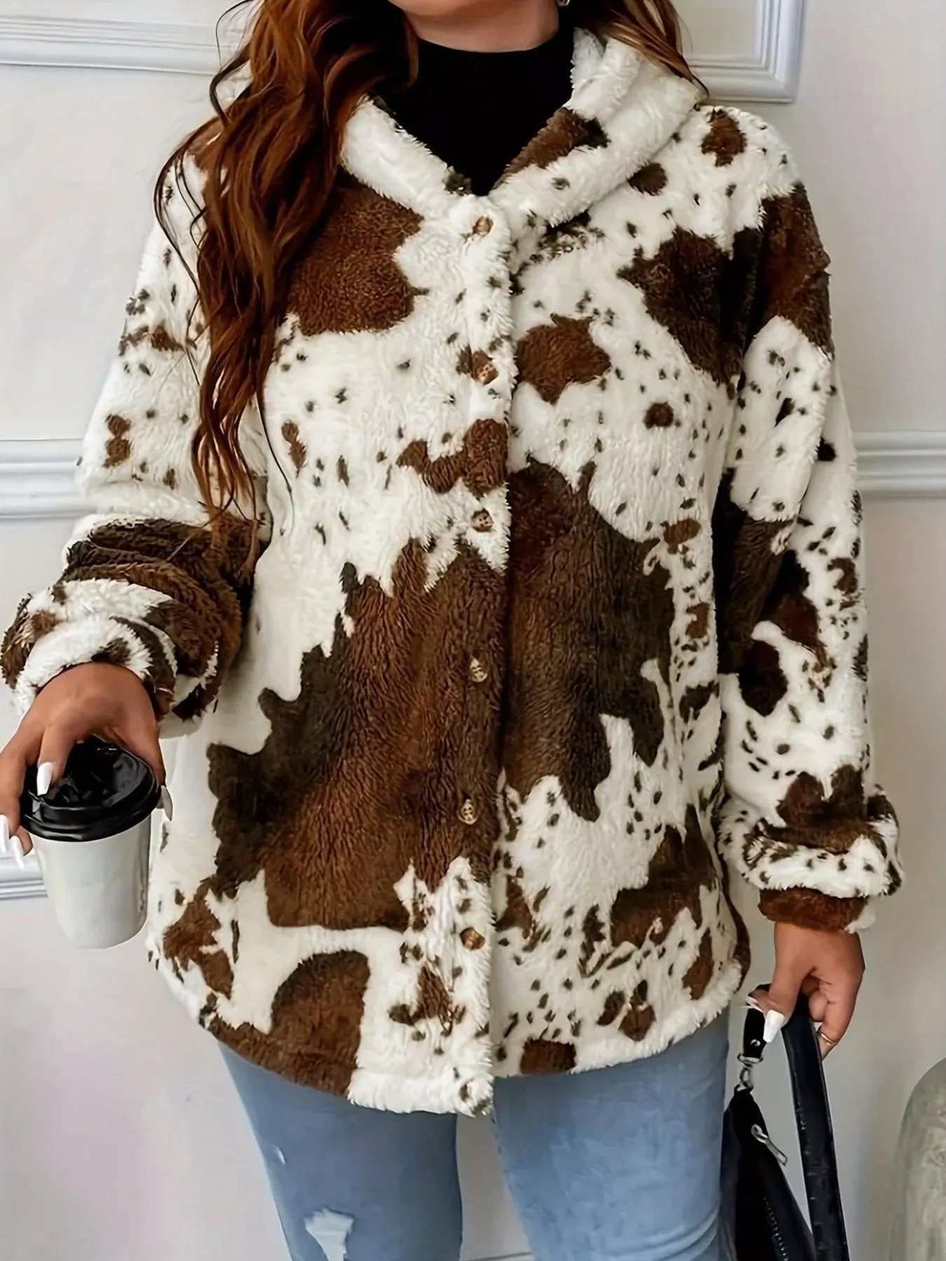Cow Print Plush Hooded Outerwear - Image 3