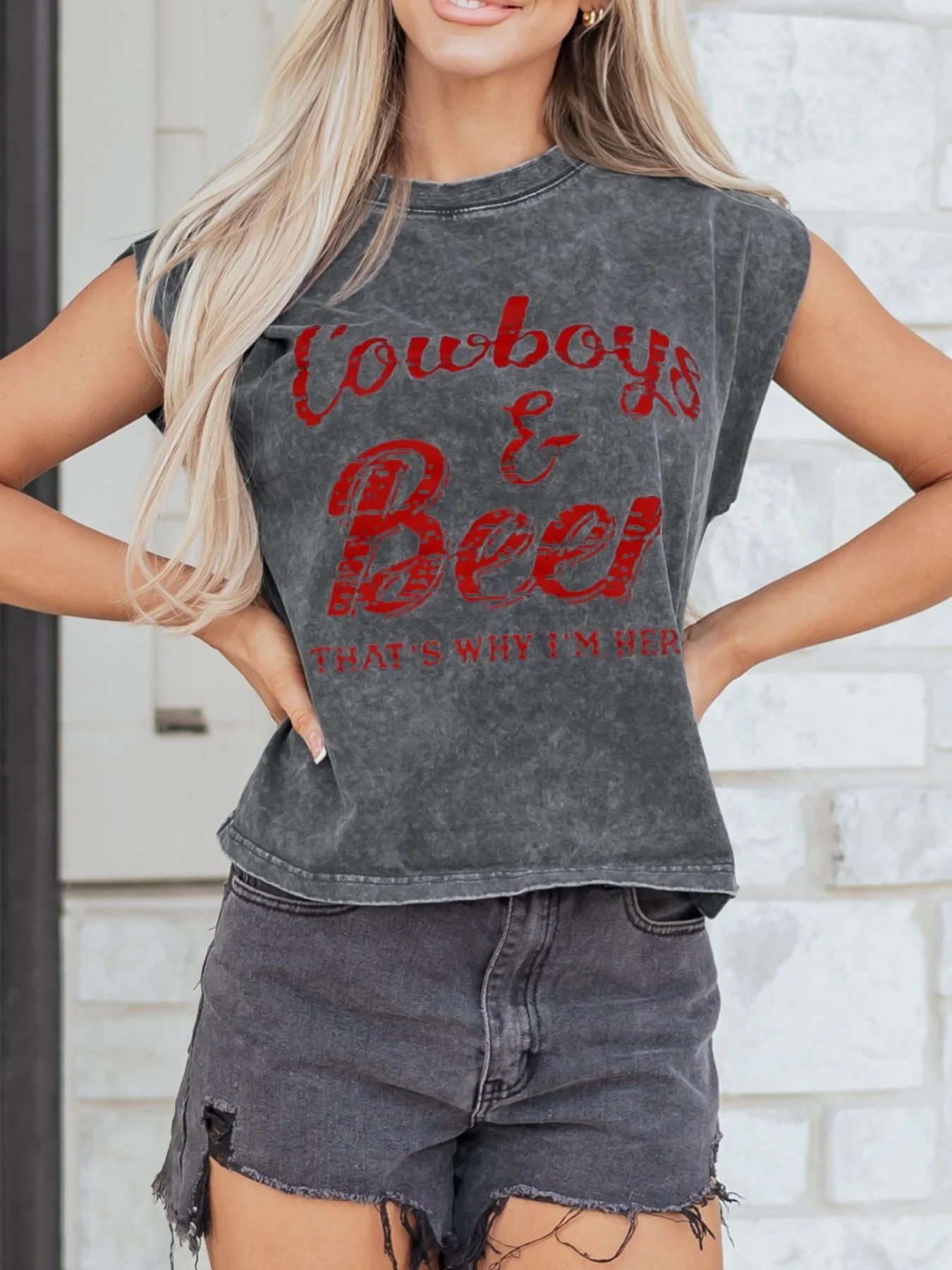 Cowboy & Beer Western Graphic Mineral Wash Tank Top
