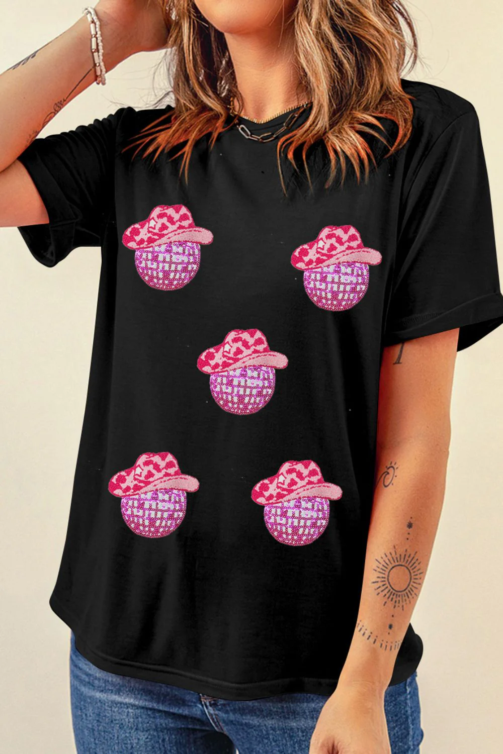 Cowboy Hat Disco Ball Patched Round Neck T-Shirt - Image 3