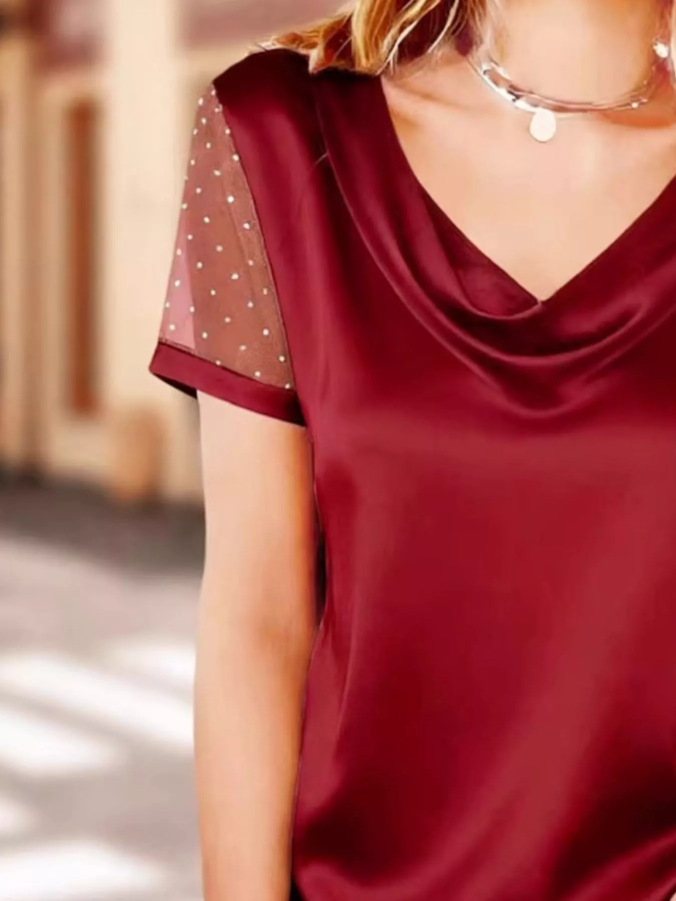 Cowl Neck Polka Dot Short Sleeve Top - Image 6