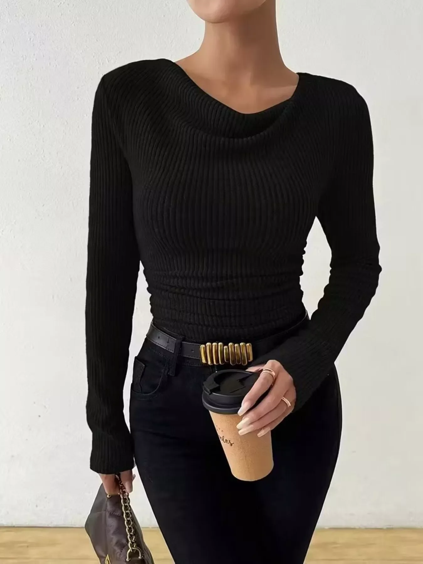 Cowl Neck Ribbed Knit Top - Image 4