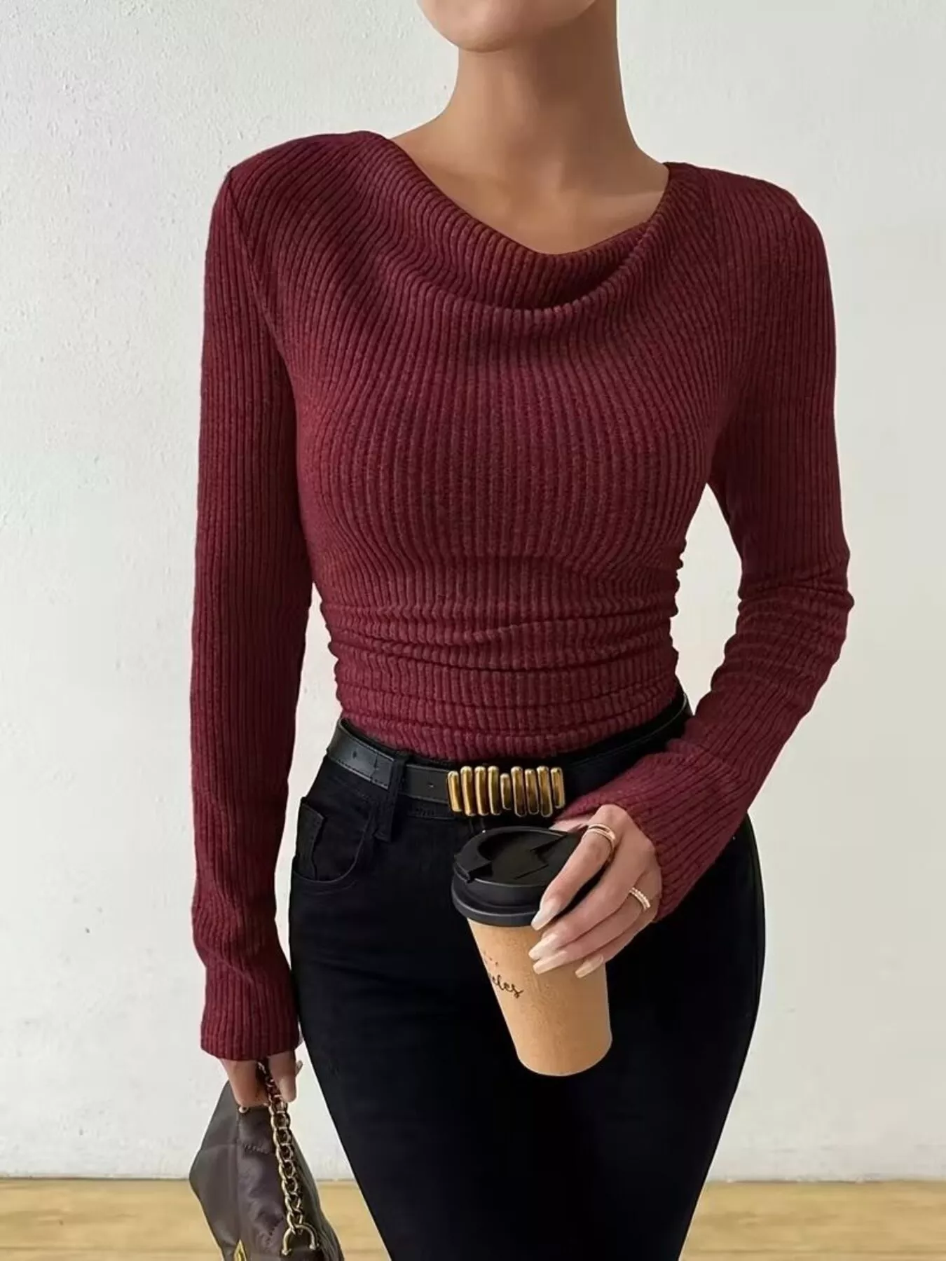Cowl Neck Ribbed Knit Top - Image 20