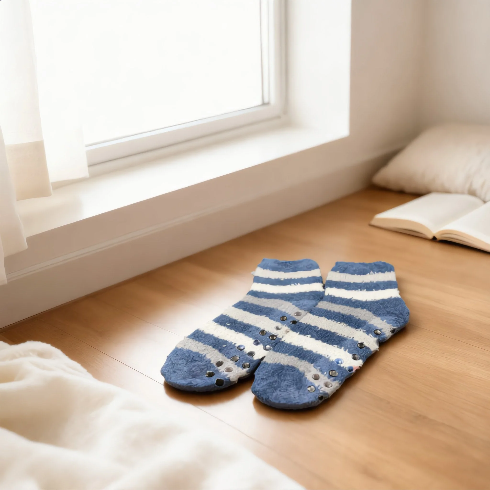 Cozy Blue & White Striped Non-Slip Fuzzy Socks