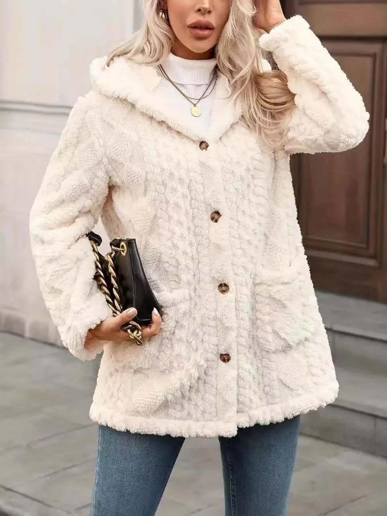 Cozy Button Up Hooded Fleece Outerwear - Image 4