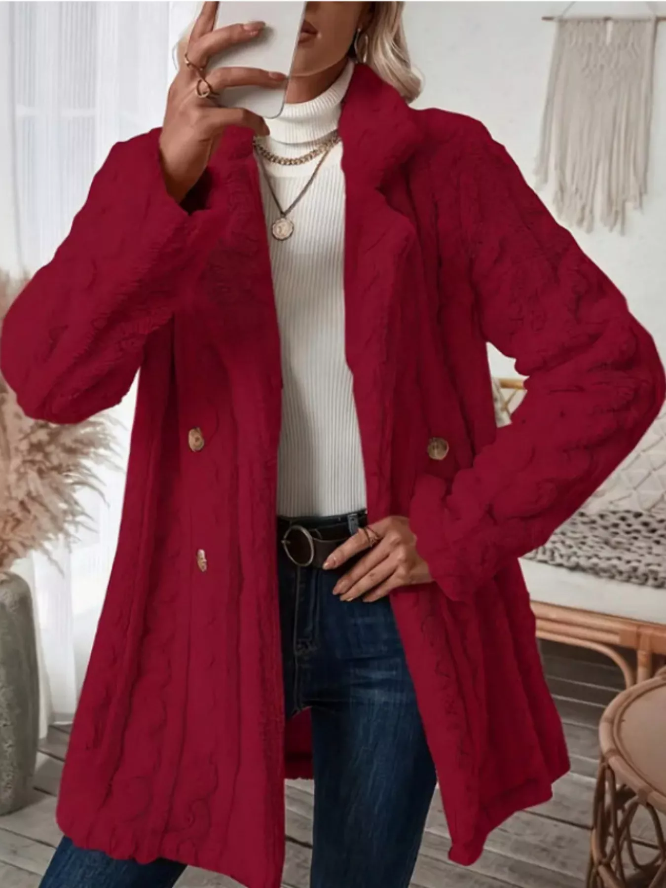 Cozy Faux Shearling Double-Breasted Outerwear - Image 21