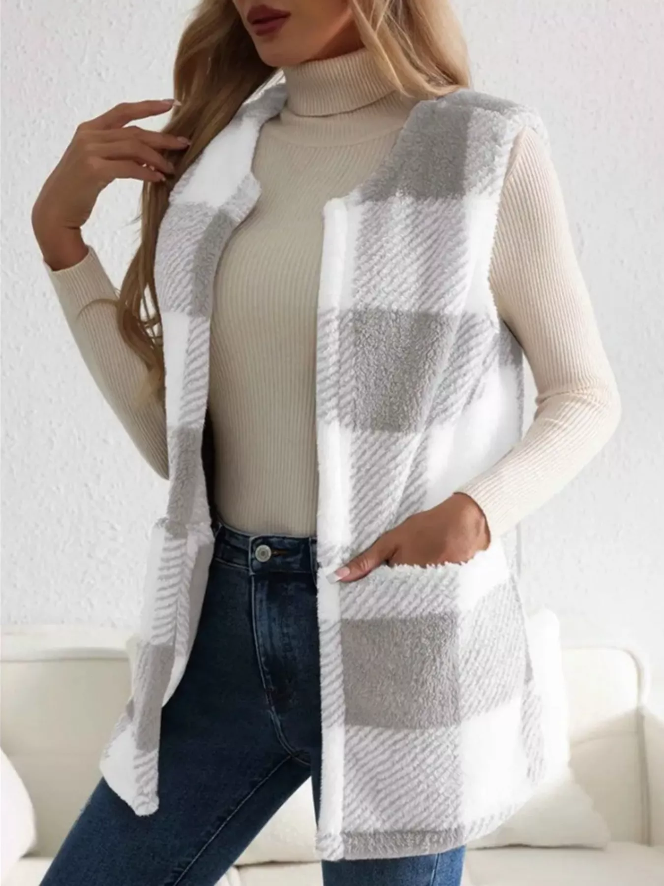 Cozy Plaid Sherpa Vest Coat - Image 11