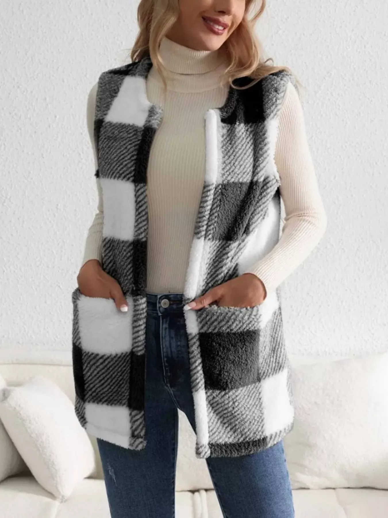 Cozy Plaid Sherpa Vest Coat - Image 12