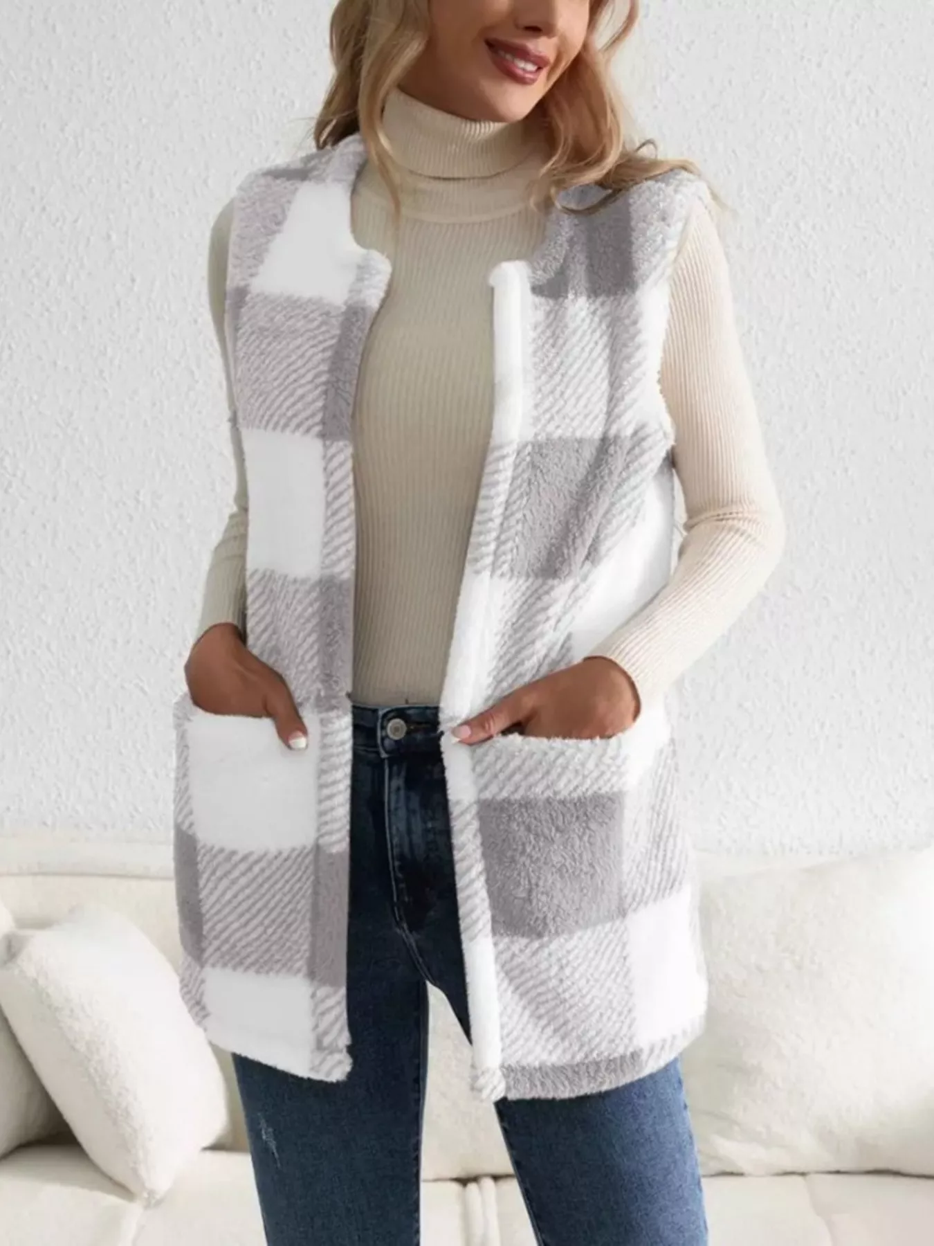 Cozy Plaid Sherpa Vest Coat - Image 7