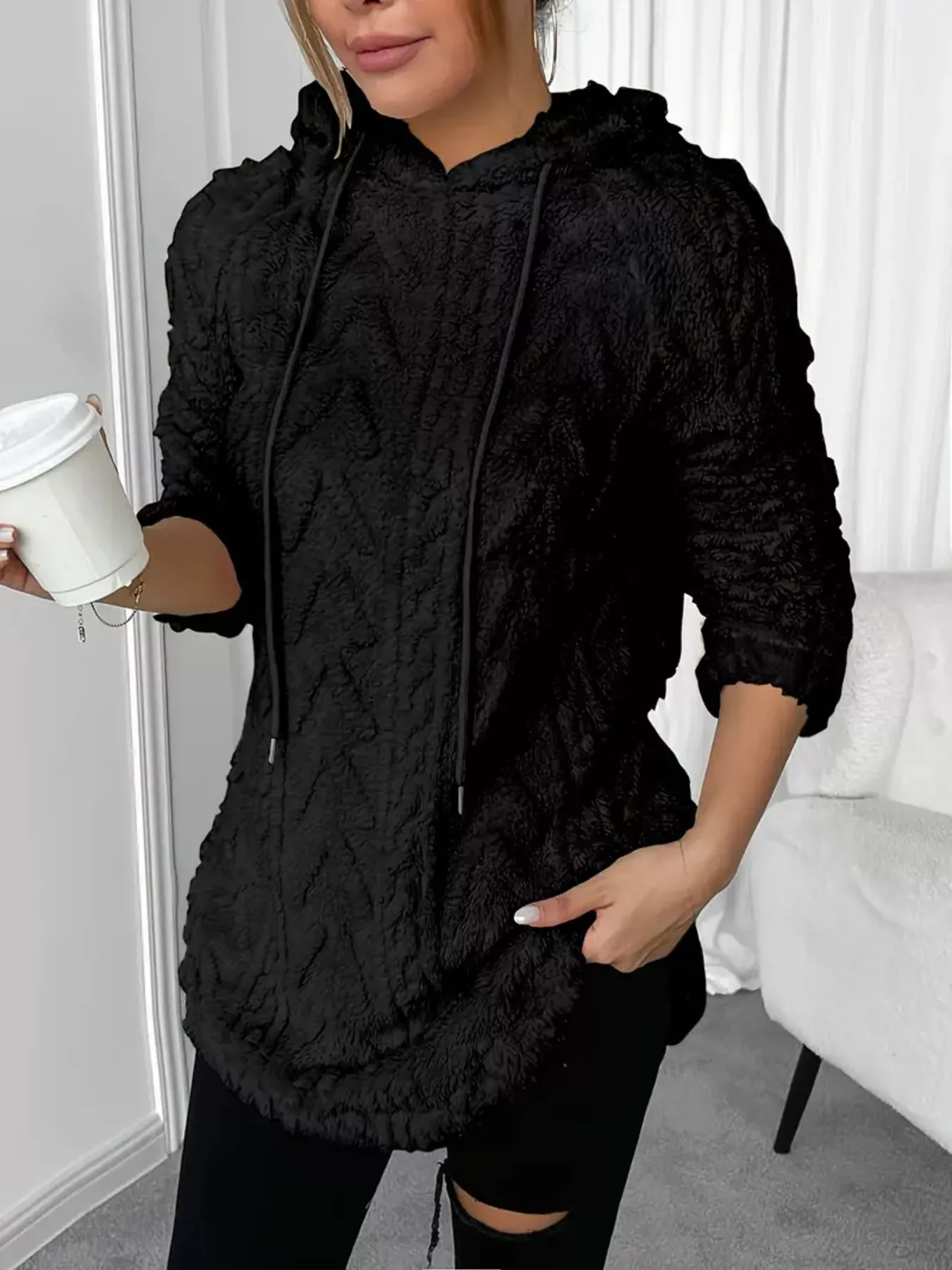 Cozy Textured Drawstring Fleece Hoodie - Image 6