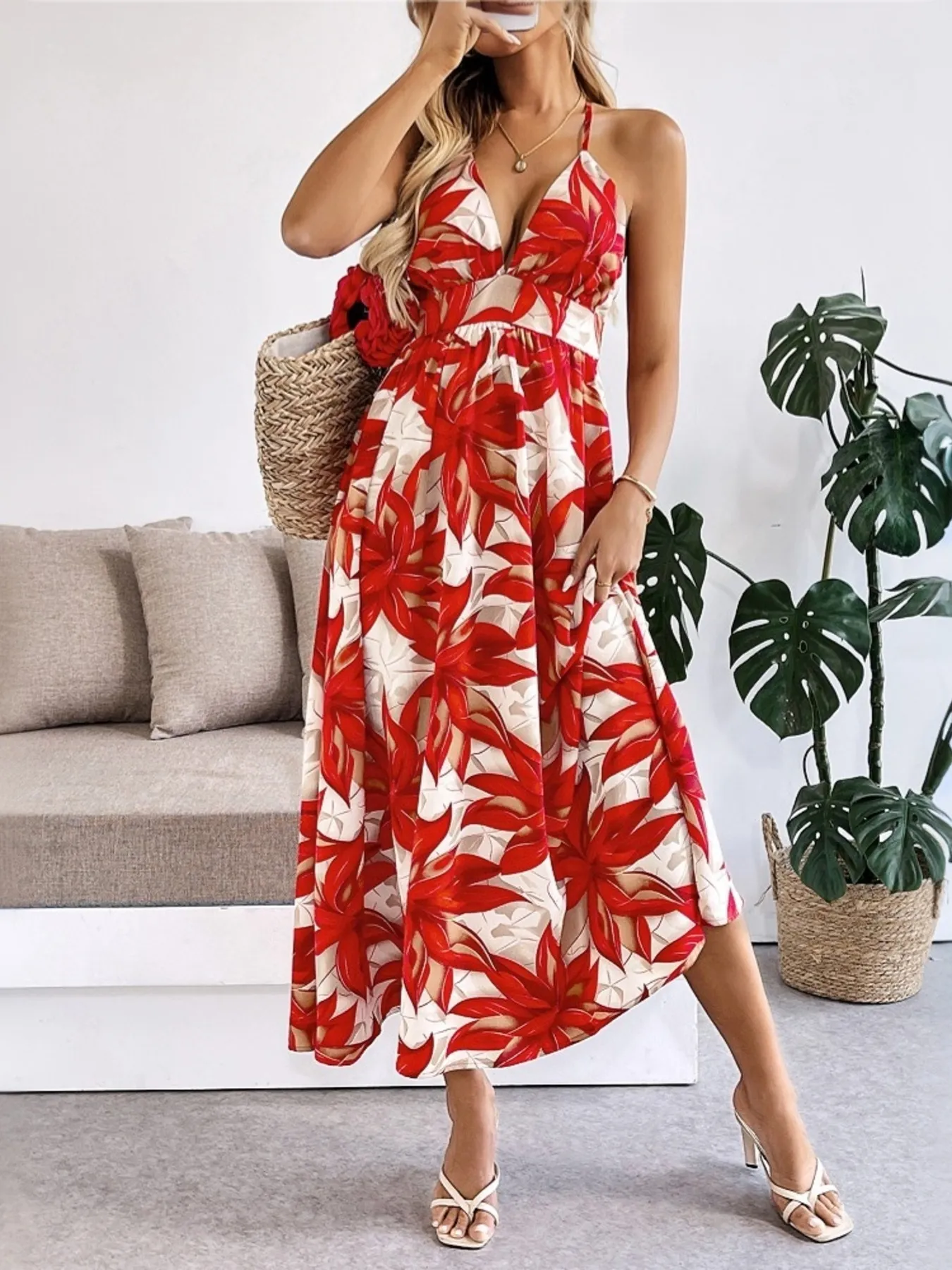 Crisscross Back Printed Midi Dress with Cutout Detail - Image 5