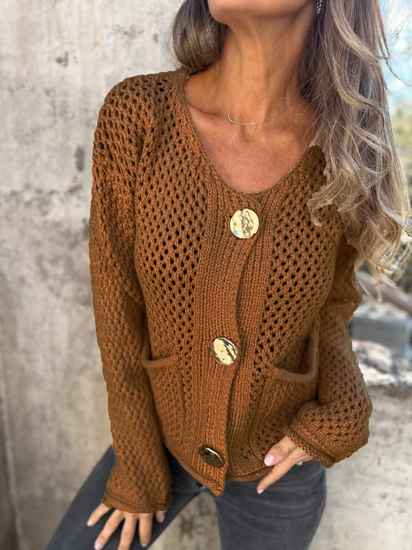 Crochet Button Up Long Sleeve Cardigan - Image 22