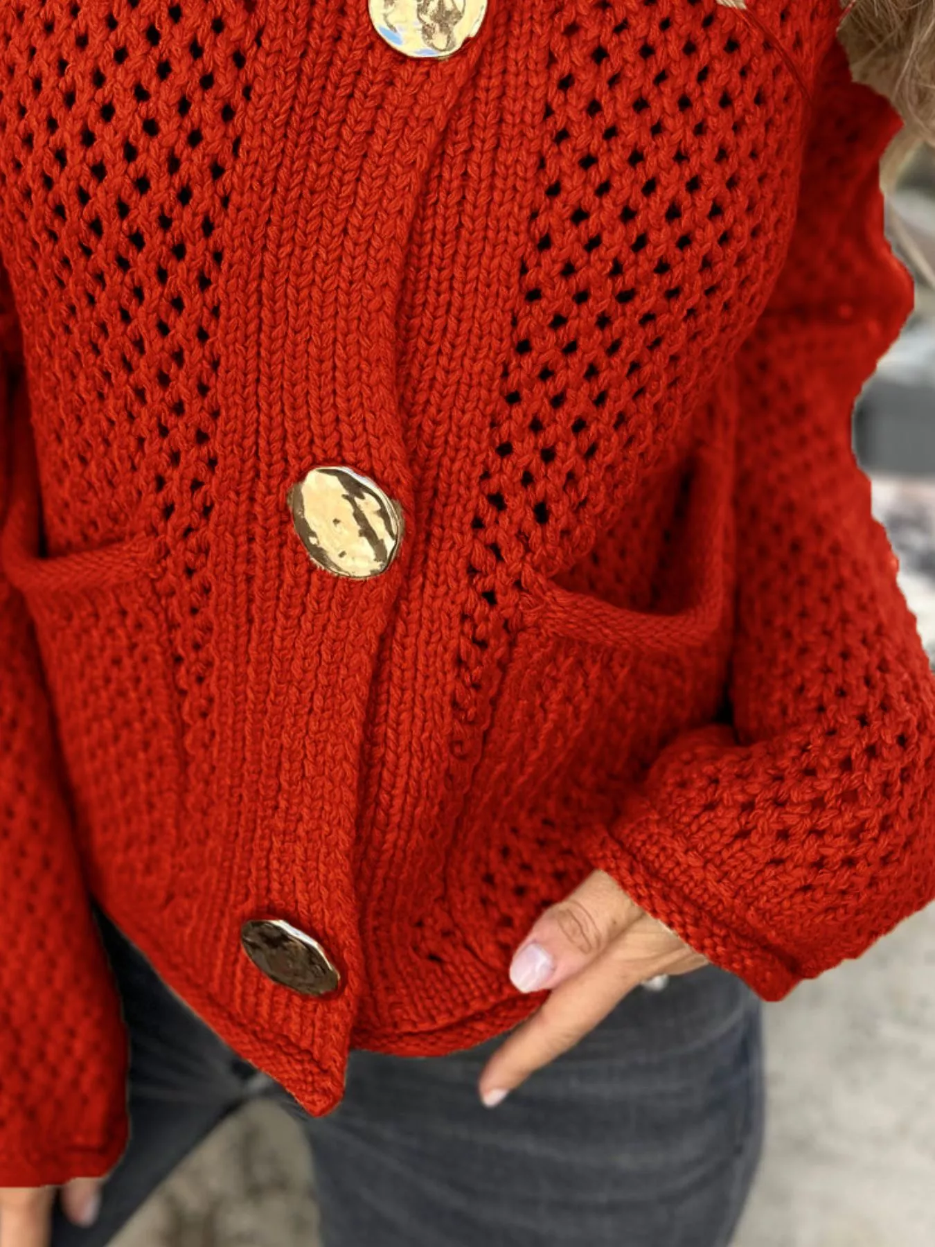 Crochet Button Up Long Sleeve Cardigan - Image 8