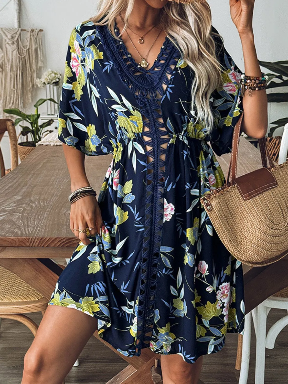 Crochet Front V-Neck Printed Cover-Up - Image 2