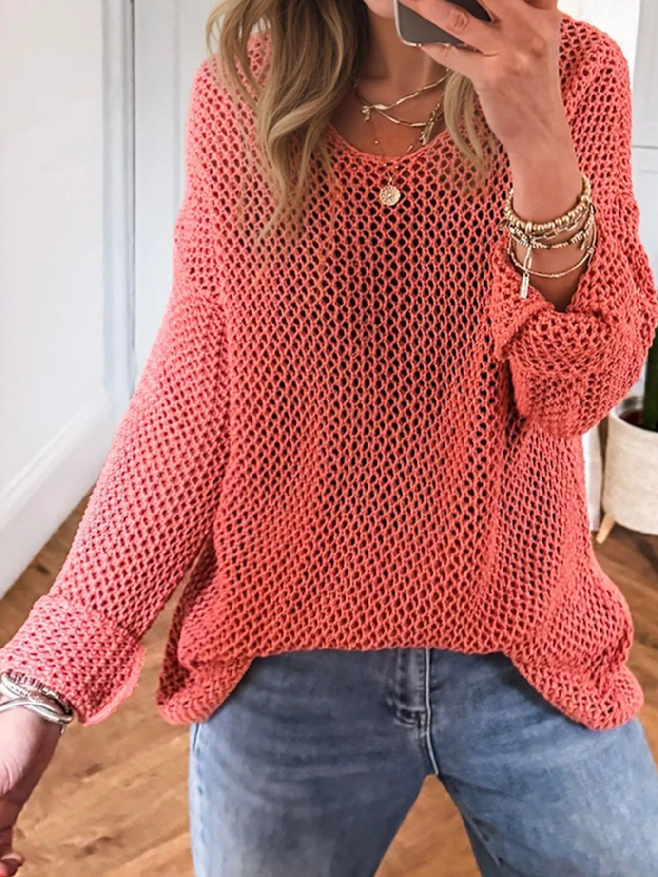 Crochet Hollow Out Long Sleeve Knit Top - Image 5