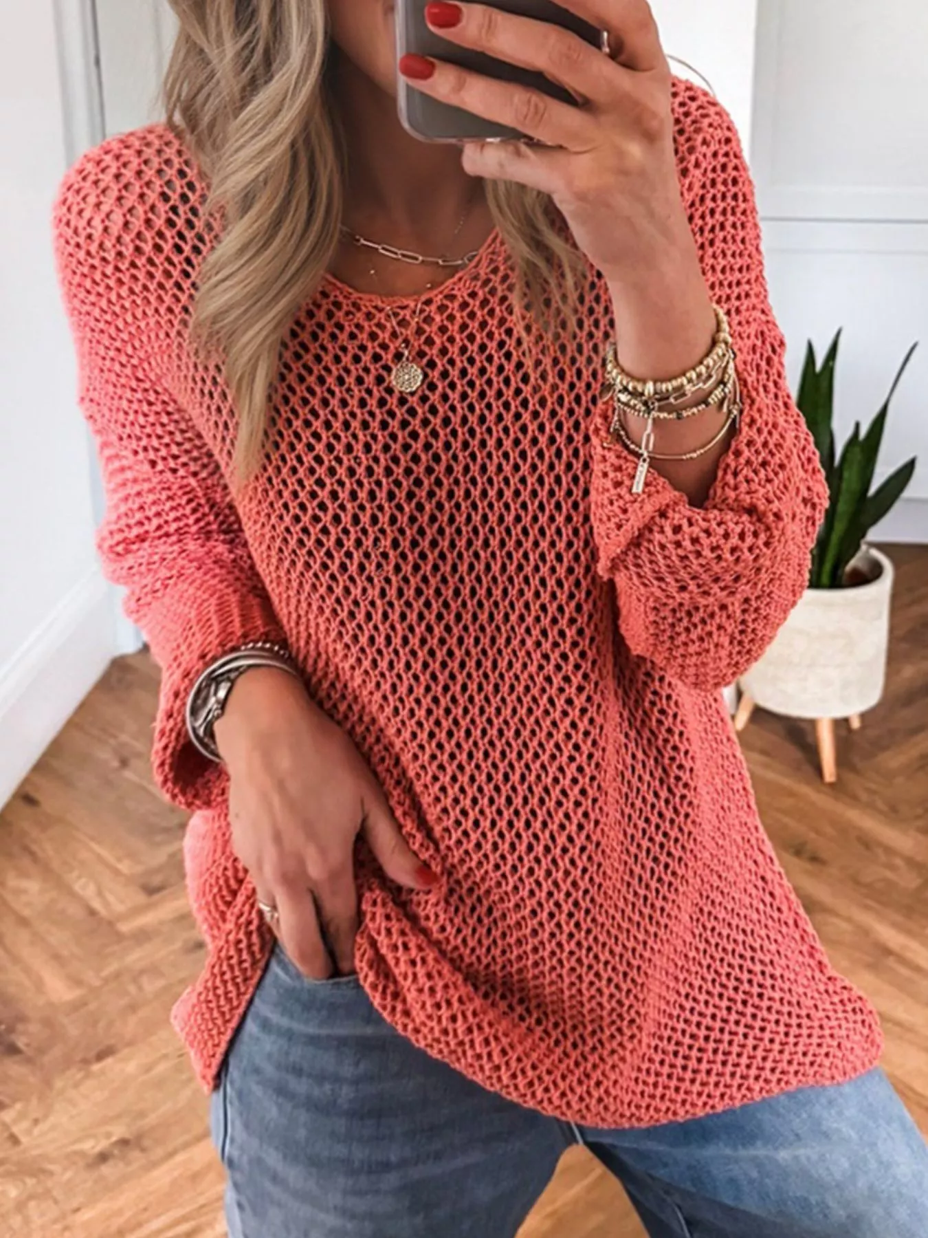 Crochet Hollow Out Long Sleeve Knit Top - Image 6