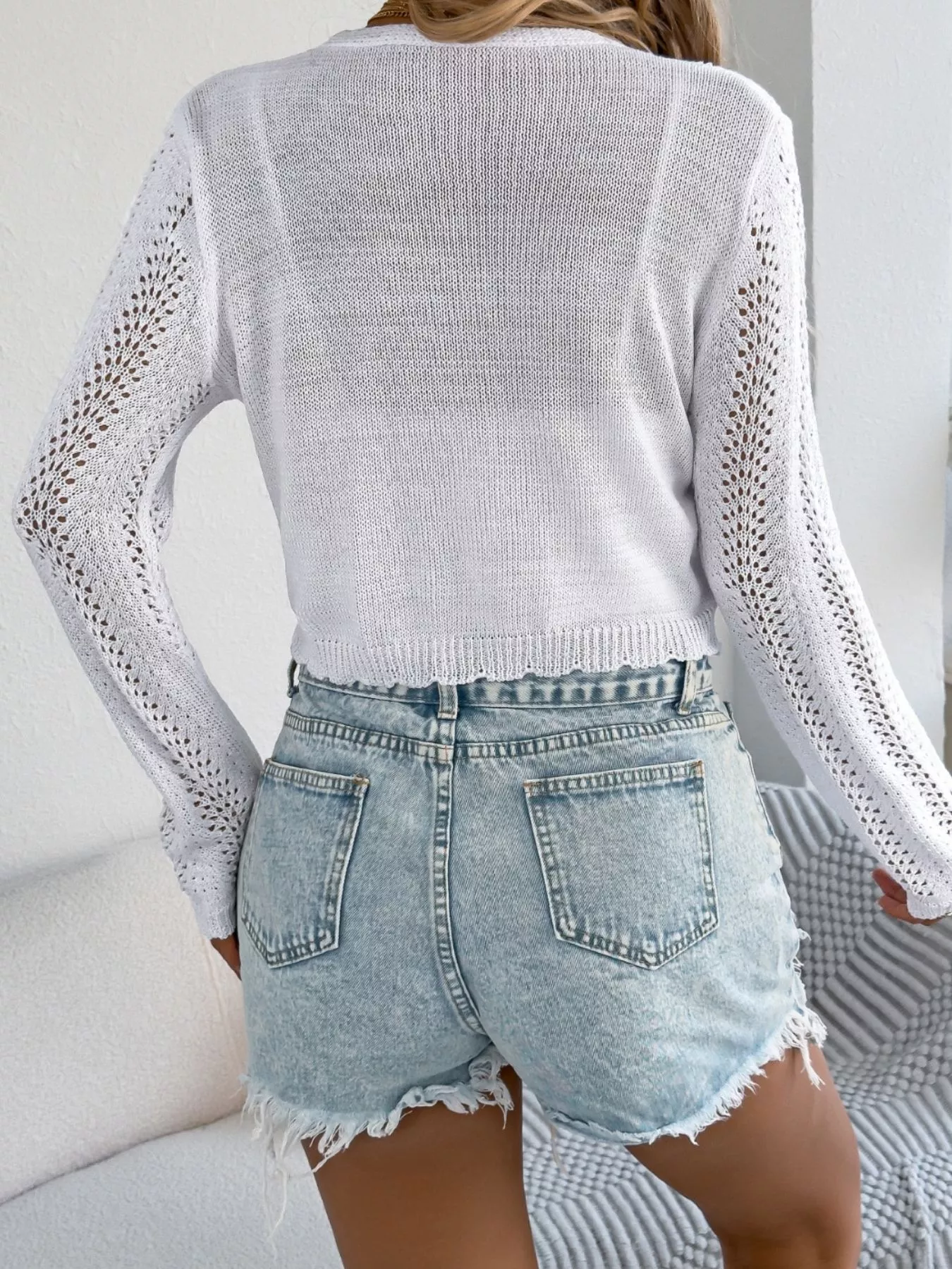 Crochet Knit Tie Front Cropped Cardigan - Image 11