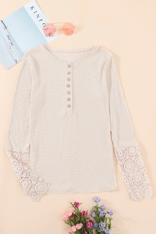 Crochet Lace Hem Sleeve Half-Button Top - Image 5