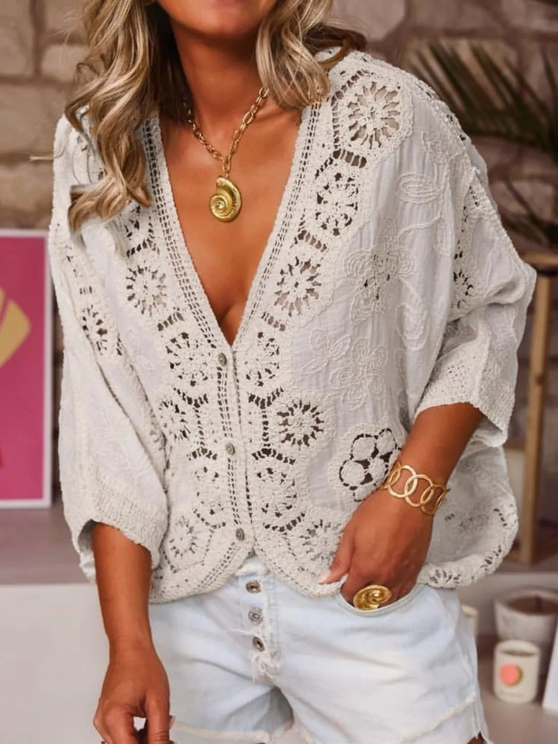 Crochet Lace V-Neck Blouse - Image 4