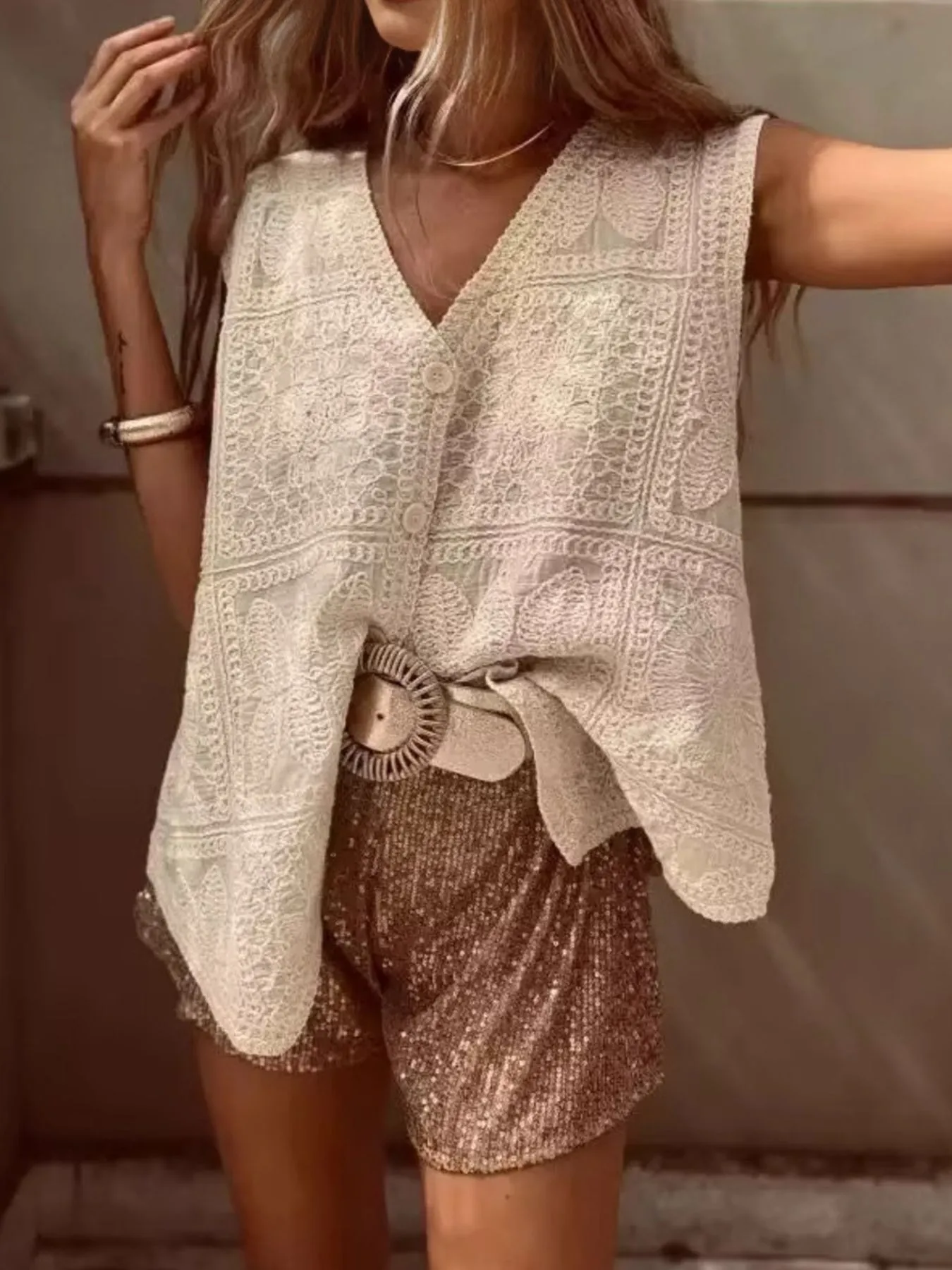 Crochet Lace V-Neck Vest - Image 2
