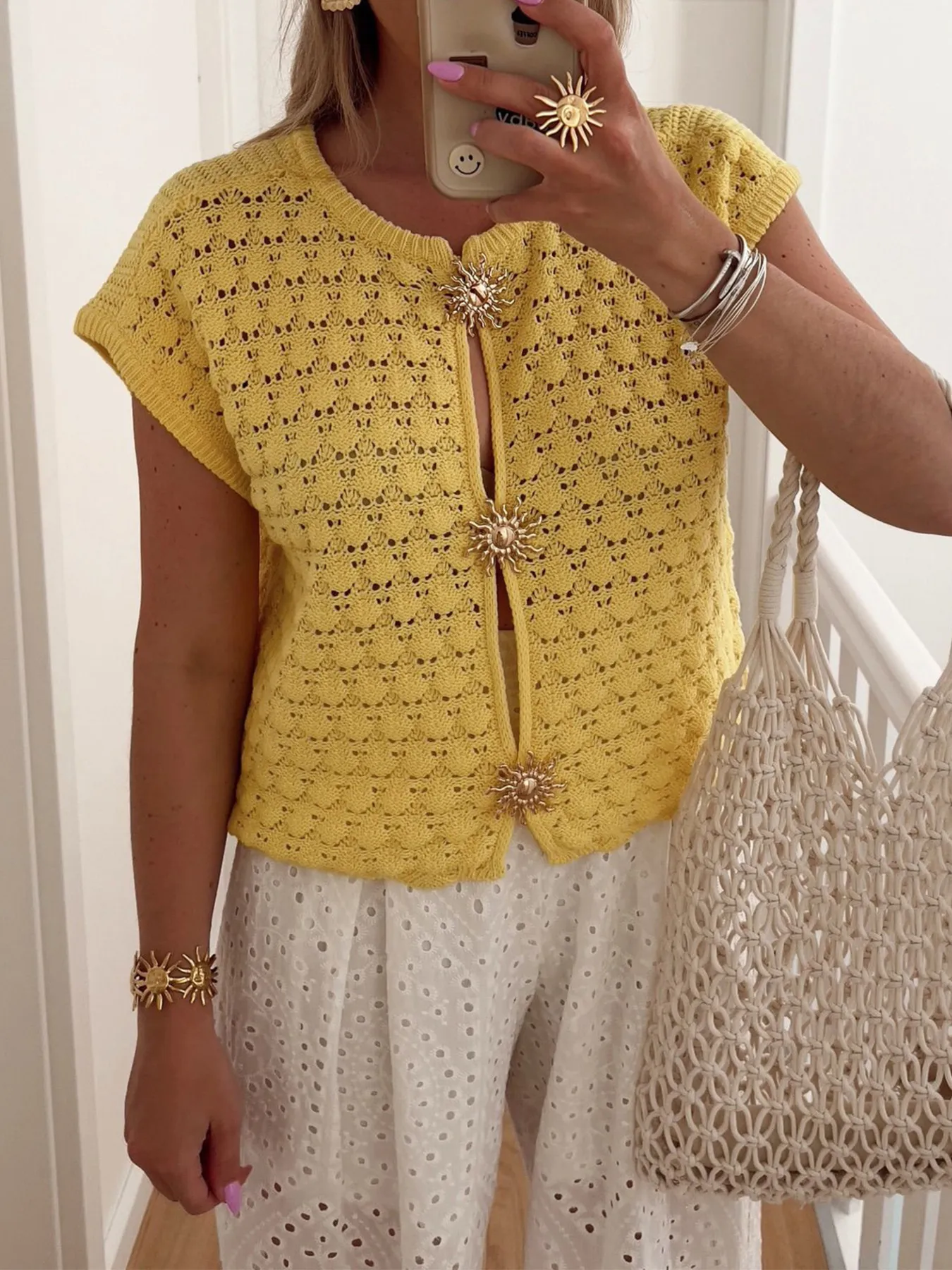 Crochet Short Sleeve Button Front Cardigan - Image 4