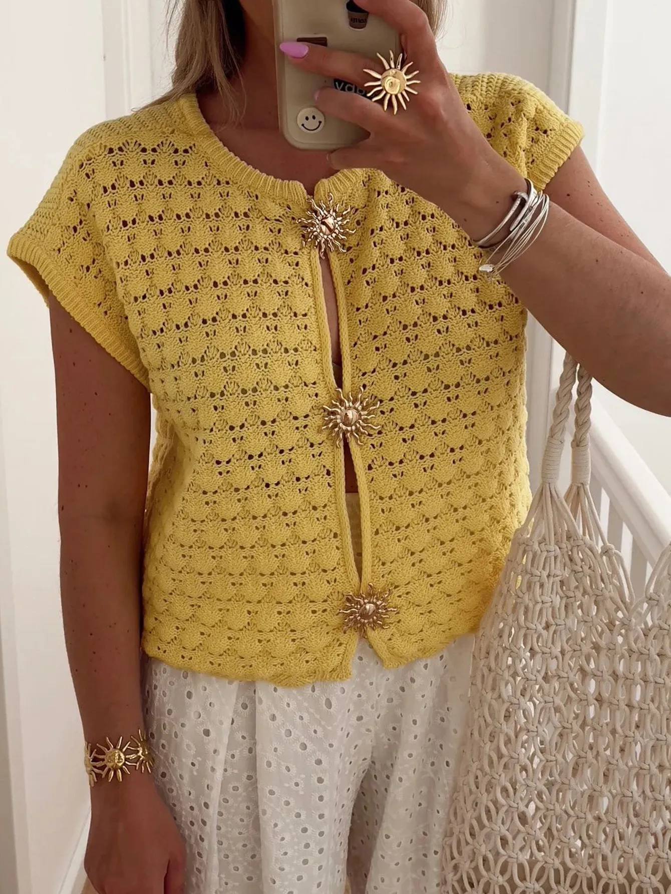 Crochet Short Sleeve Button Front Cardigan - Image 5