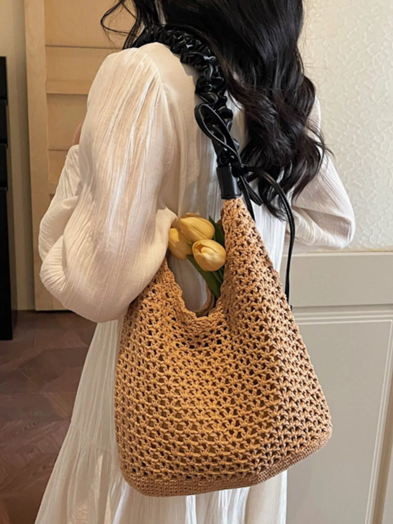 Crochet Shoulder Bag with Ruched Handle - Image 7