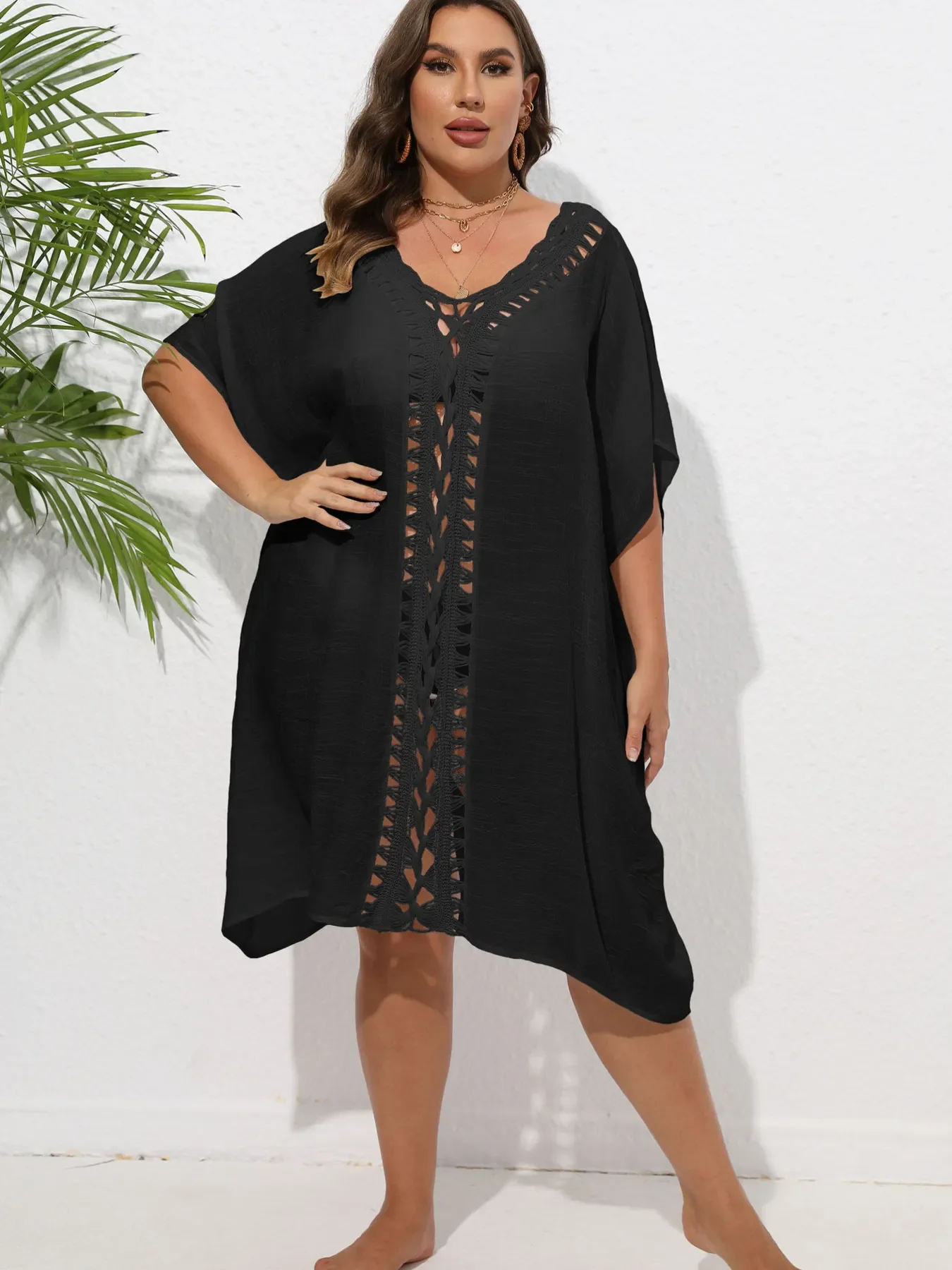 Crochet Trim V-Neck Beach Cover Up Dress - Image 15