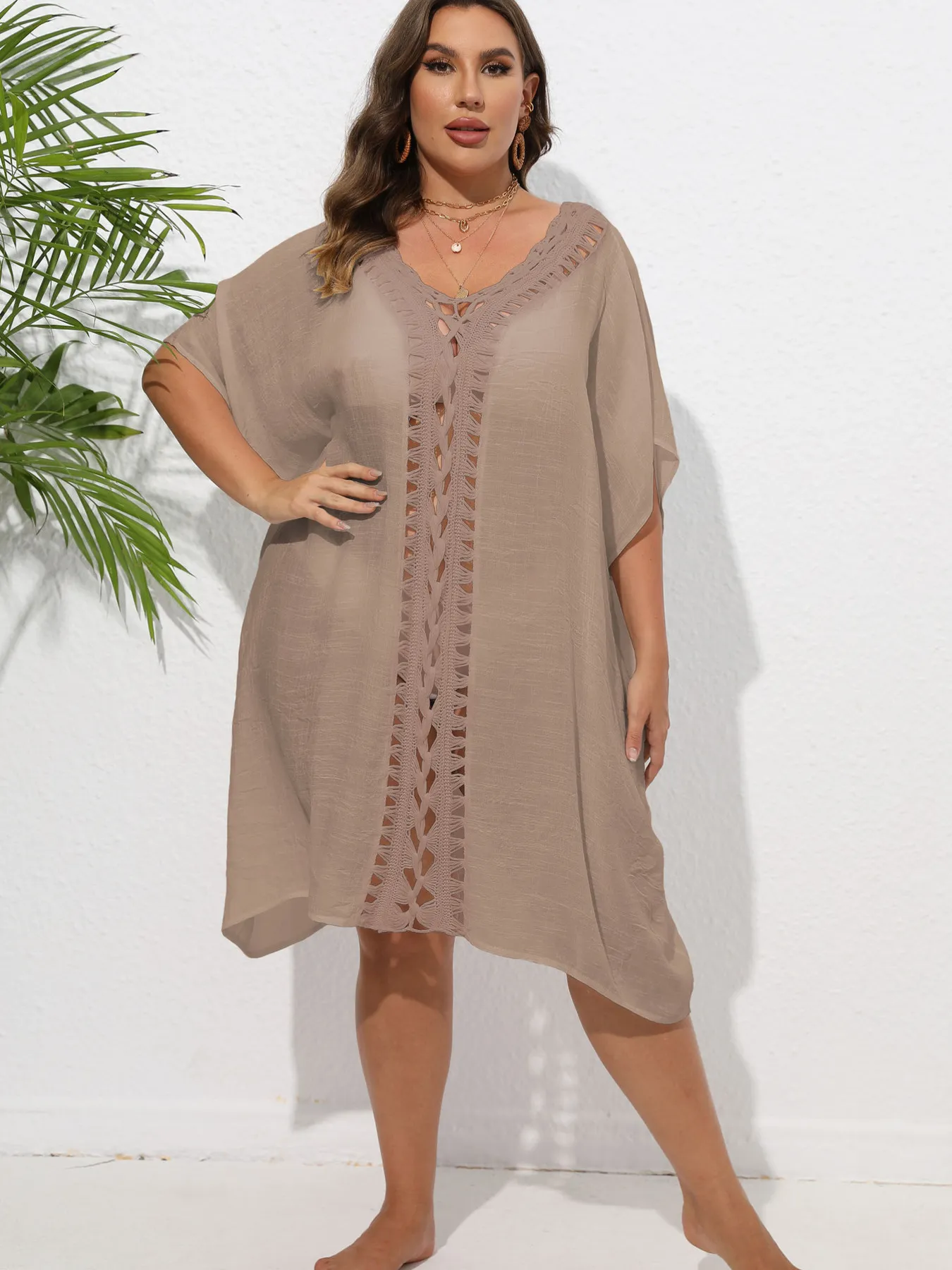 Crochet Trim V-Neck Beach Cover Up Dress - Image 18