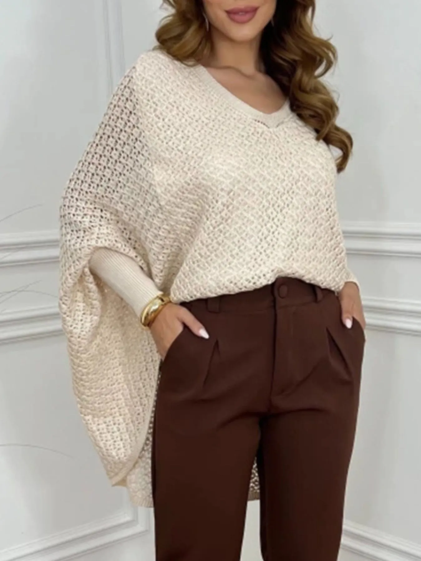 Crochet V-Neck Batwing Sleeves Oversized Sweater - Image 3
