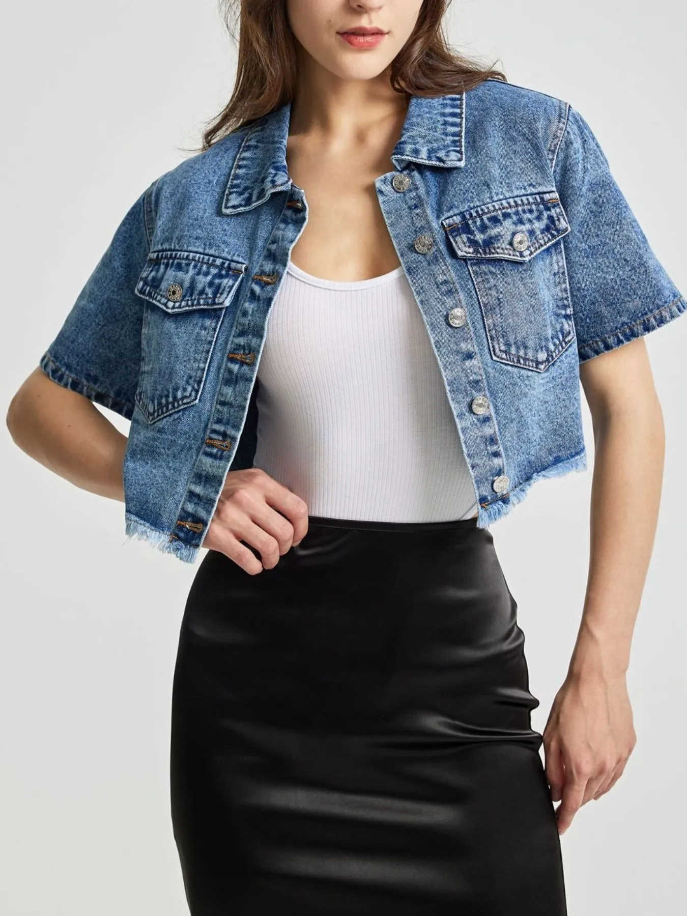 Cropped Short Sleeve Denim Jacket with Frayed Hem - Image 6