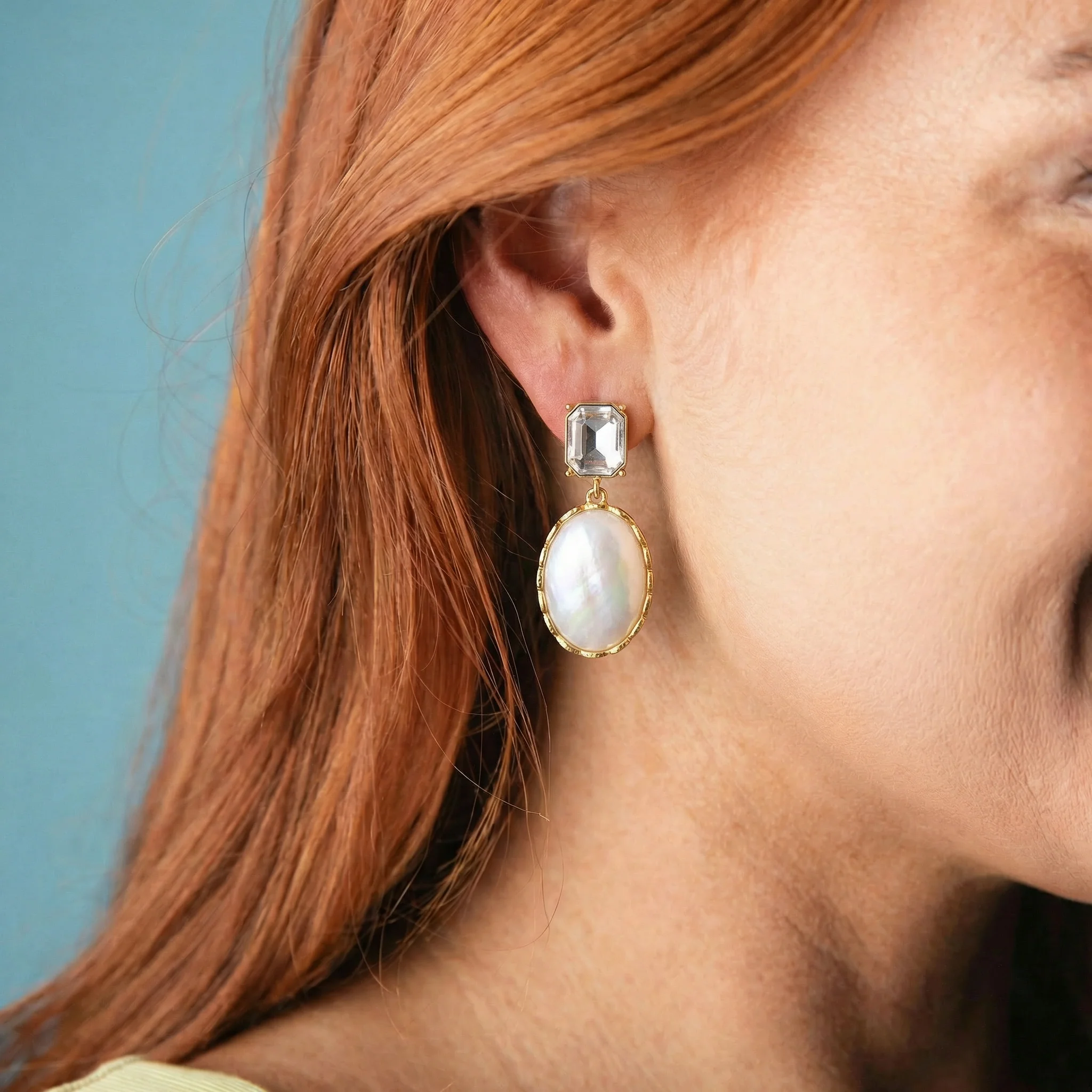Crystal Square Post Earring with Shell Oval - Image 2
