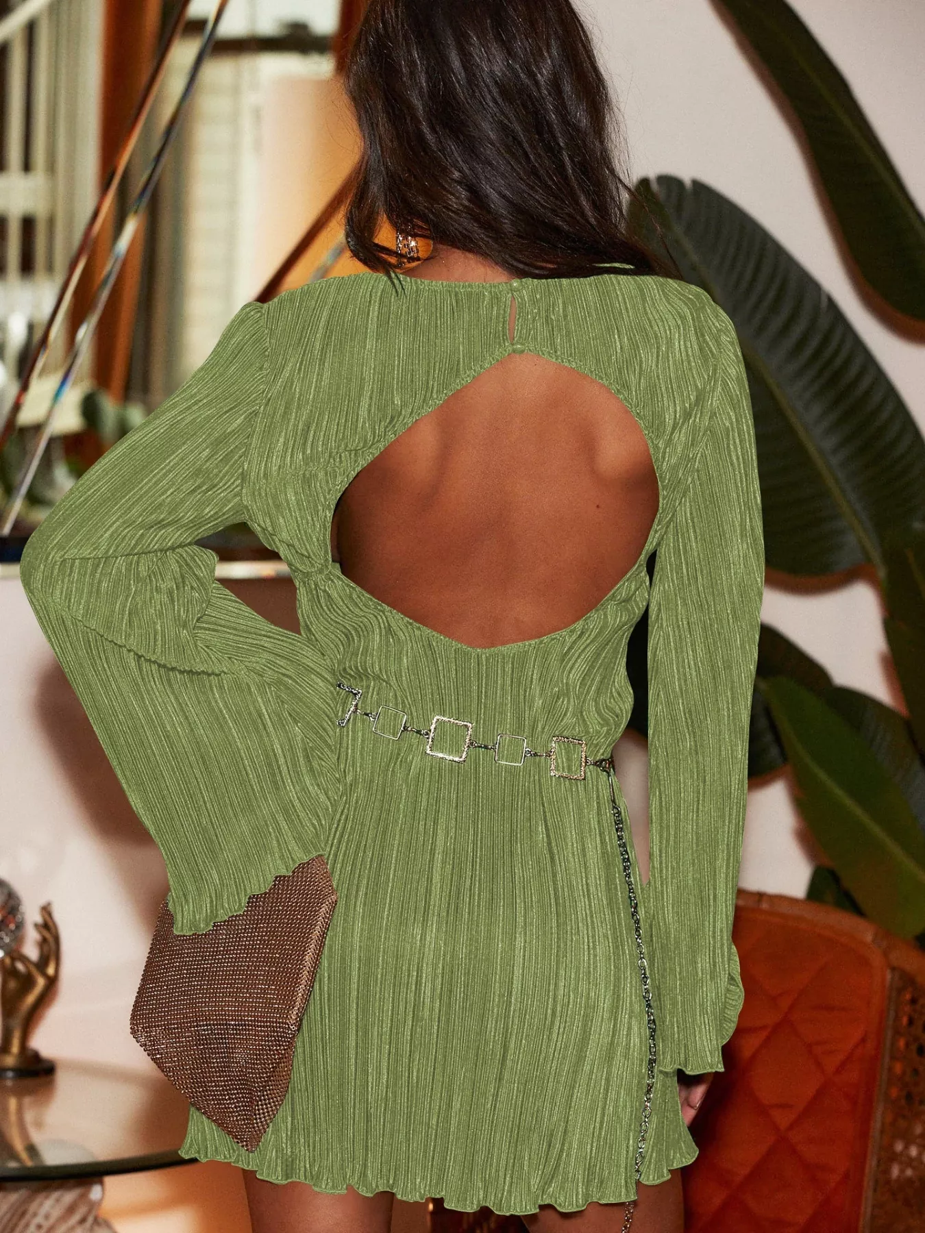 Cutout Back Flare Sleeve Dress - Image 2