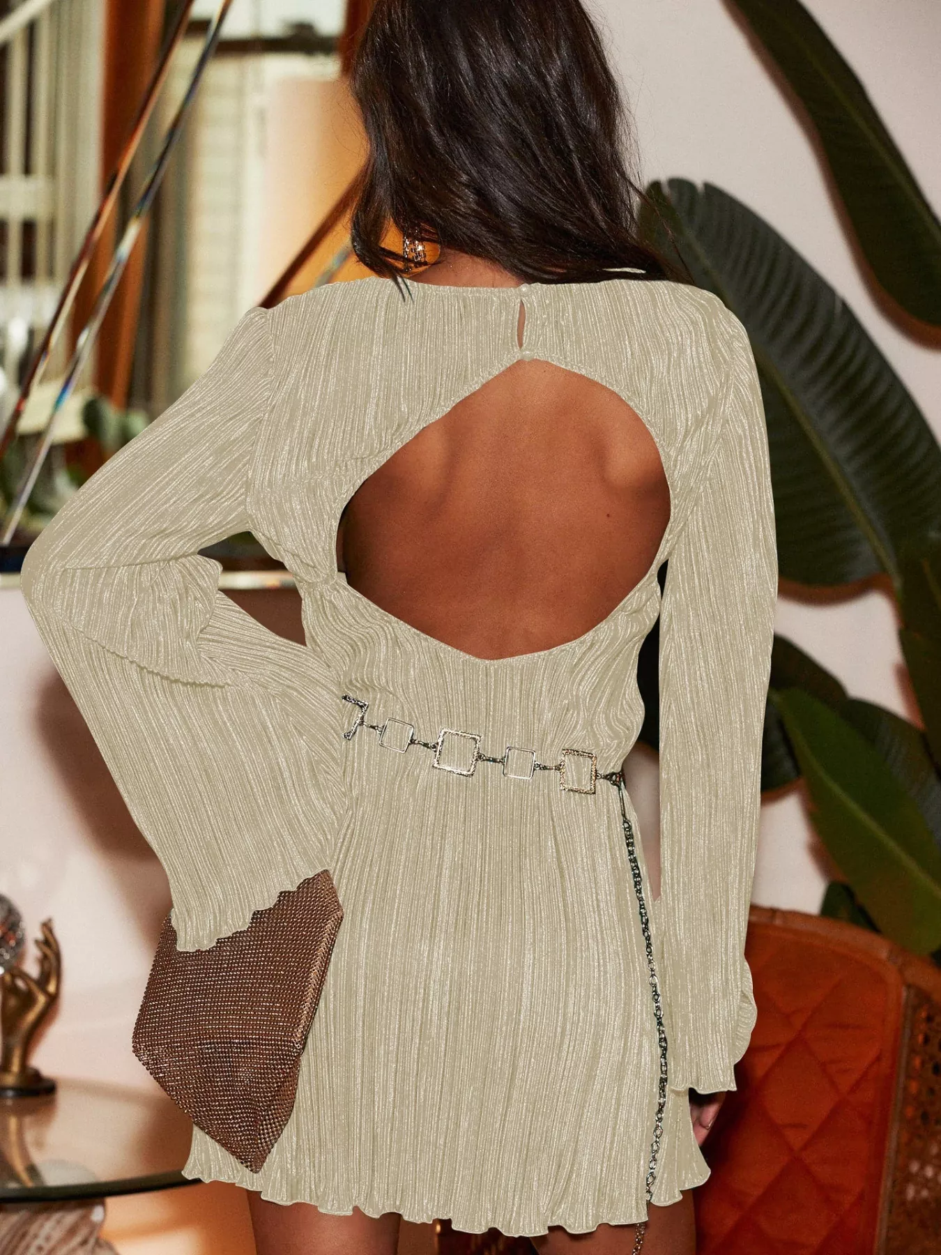 Cutout Back Flare Sleeve Dress - Image 9