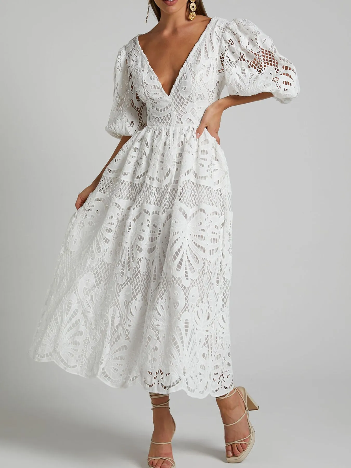 Cutout Back Lace Crochet V-Neck Dress - Image 11