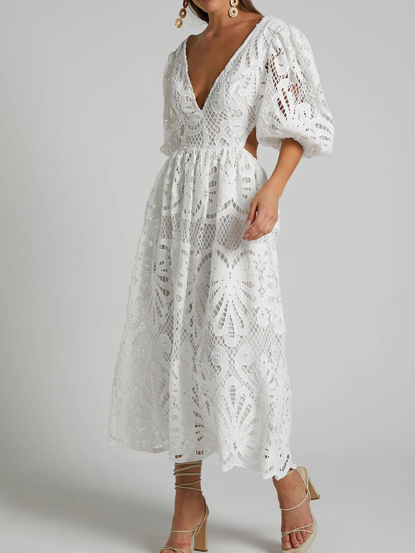 Cutout Back Lace Crochet V-Neck Dress - Image 12