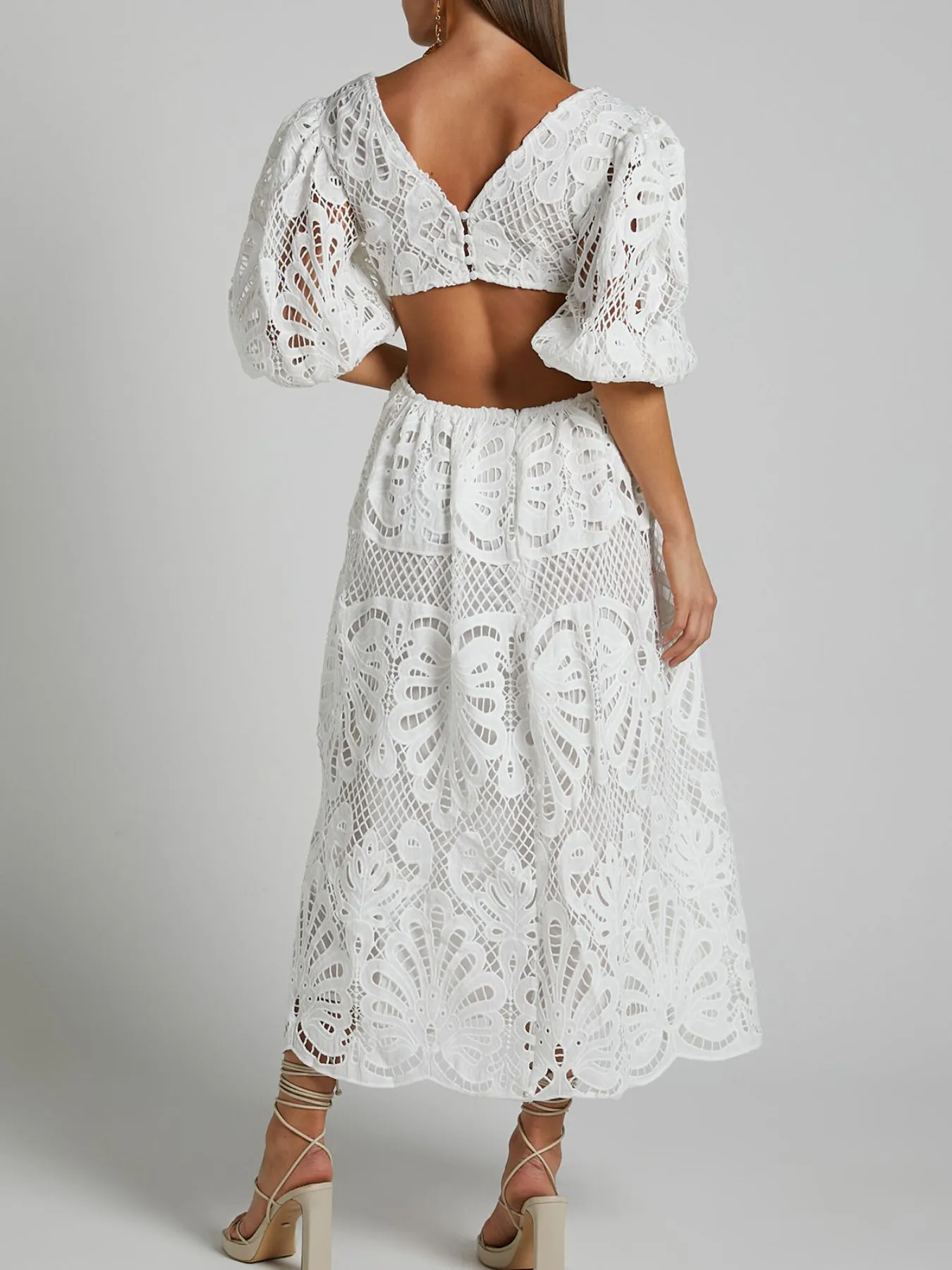 Cutout Back Lace Crochet V-Neck Dress - Image 13
