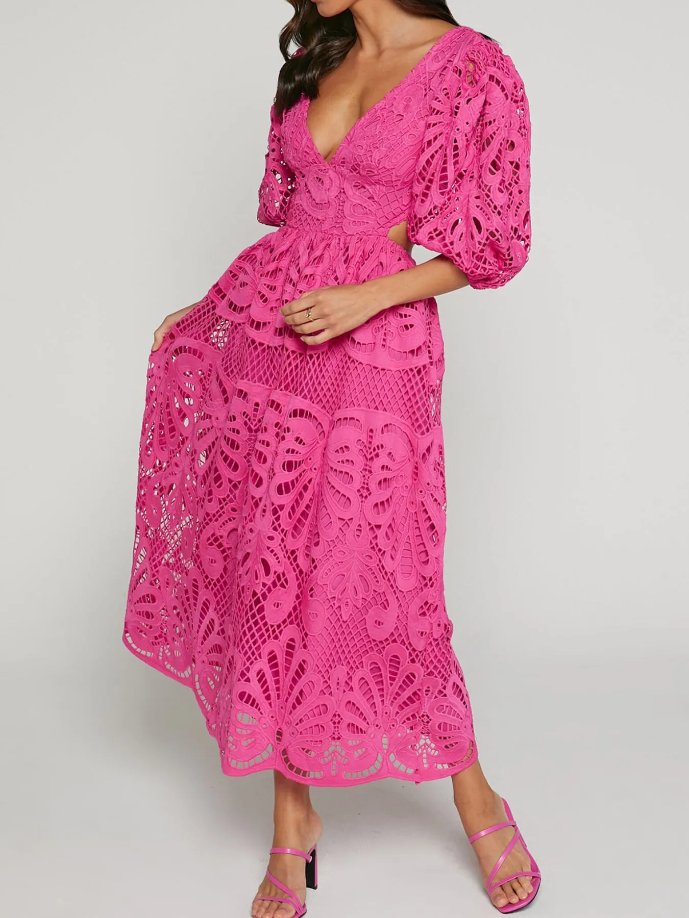 Cutout Back Lace Crochet V-Neck Dress - Image 16