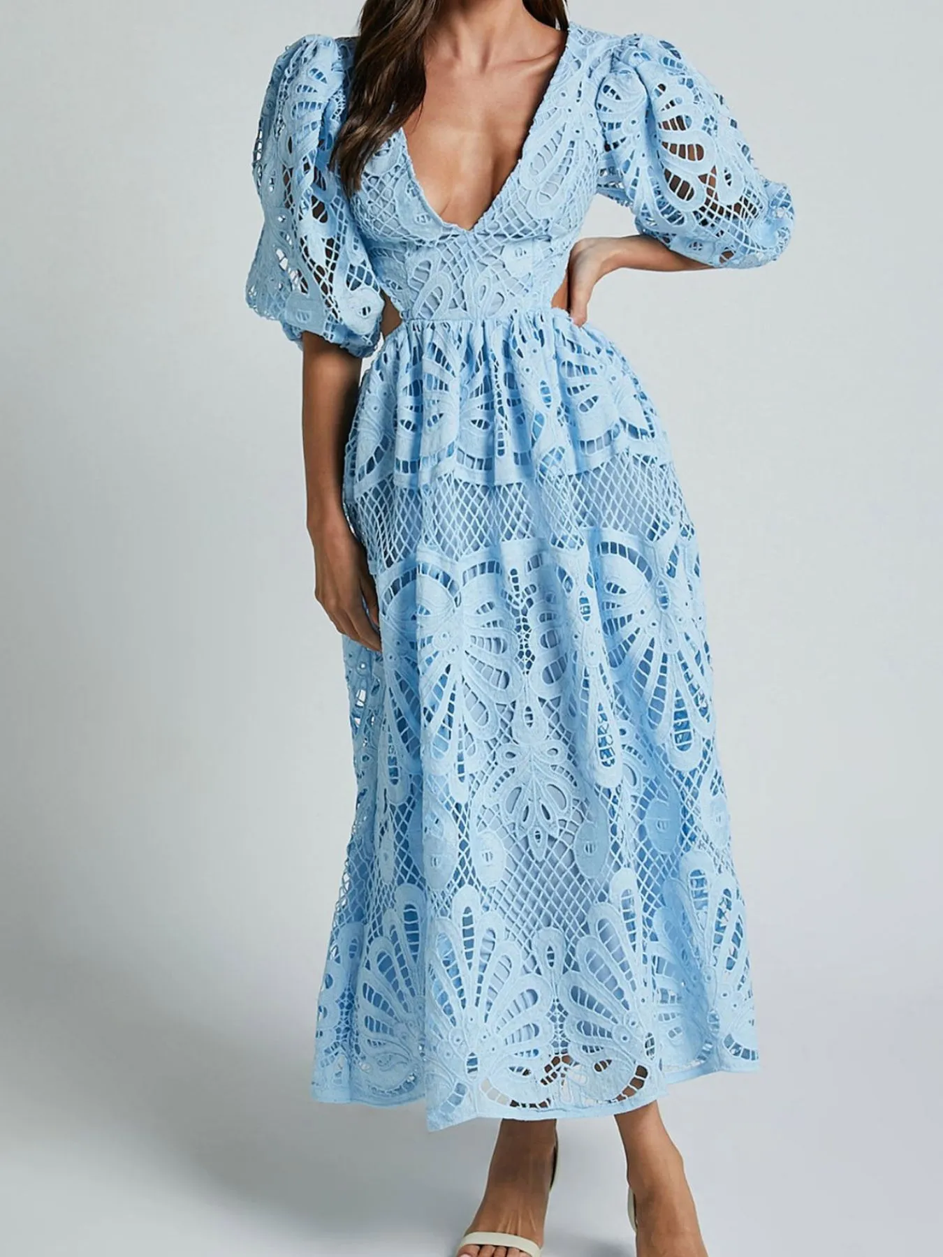 Cutout Back Lace Crochet V-Neck Dress - Image 5