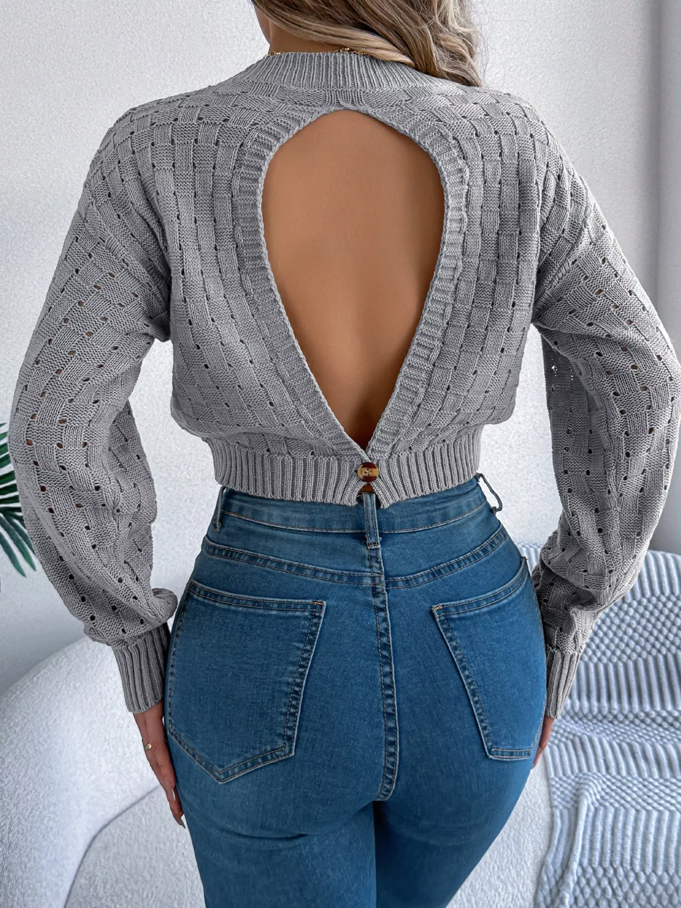 Cutout Back Openwork Round Neck Long Sleeve Sweater - Image 14