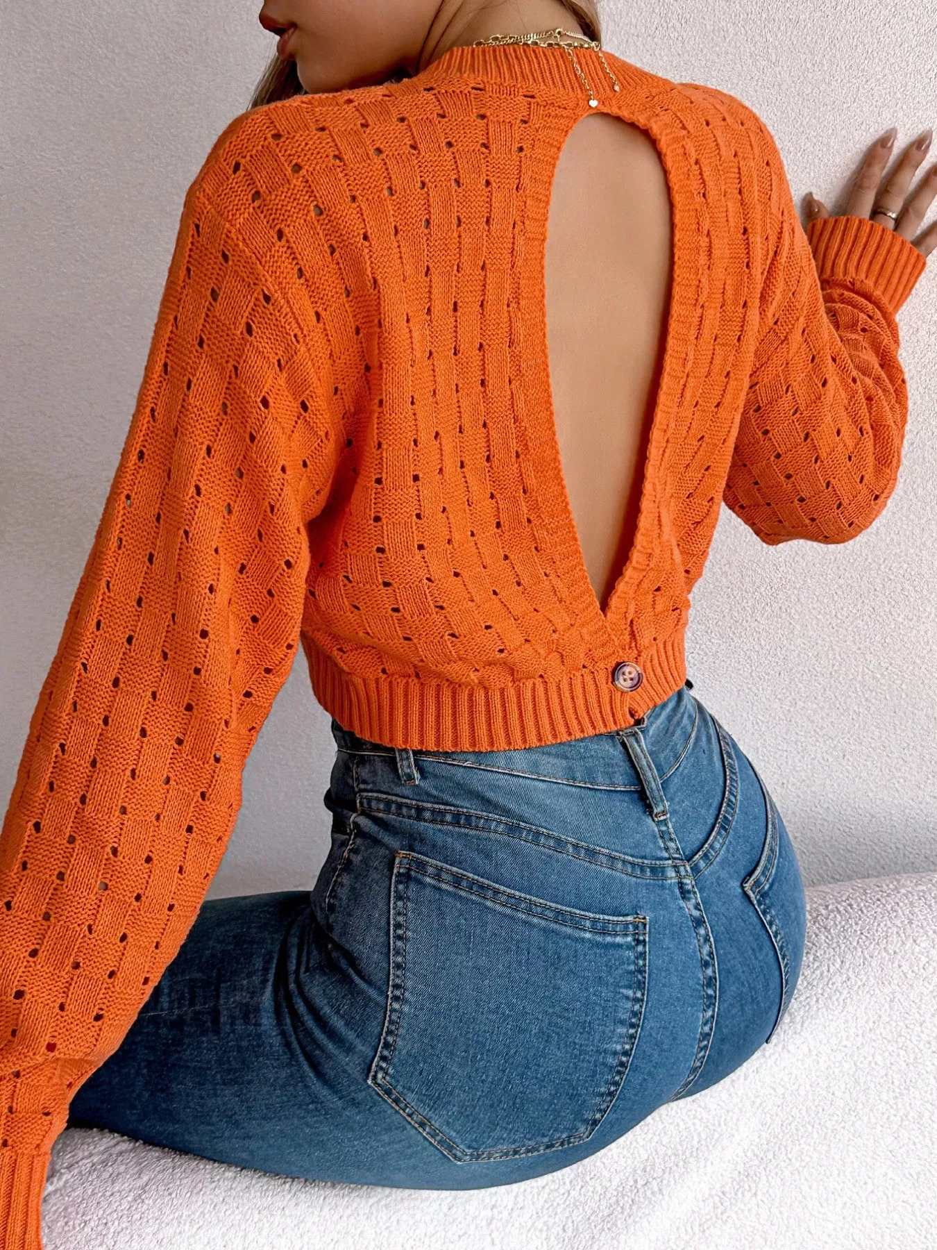 Cutout Back Openwork Round Neck Long Sleeve Sweater - Image 2
