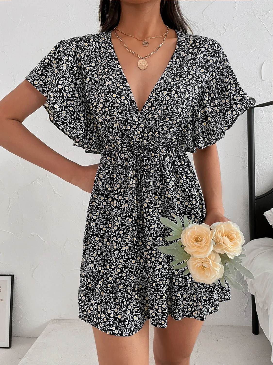 Cutout Ditsy Floral Surplice Flounce Sleeve Dress - Image 2