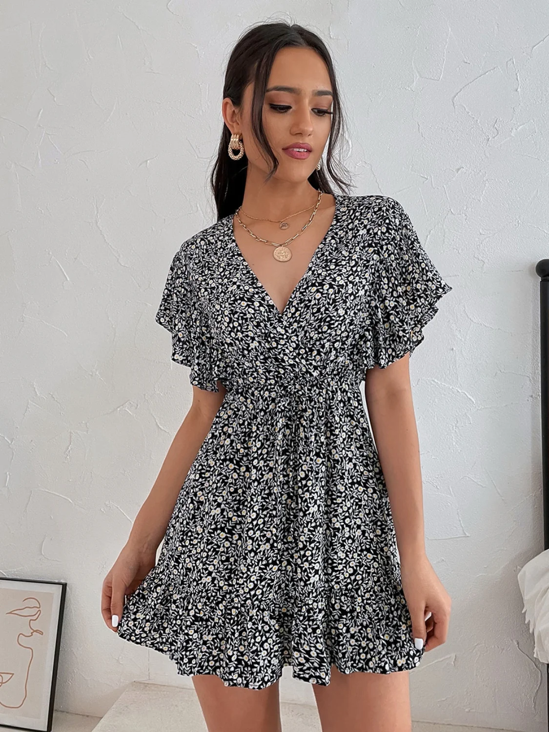 Cutout Ditsy Floral Surplice Flounce Sleeve Dress - Image 3