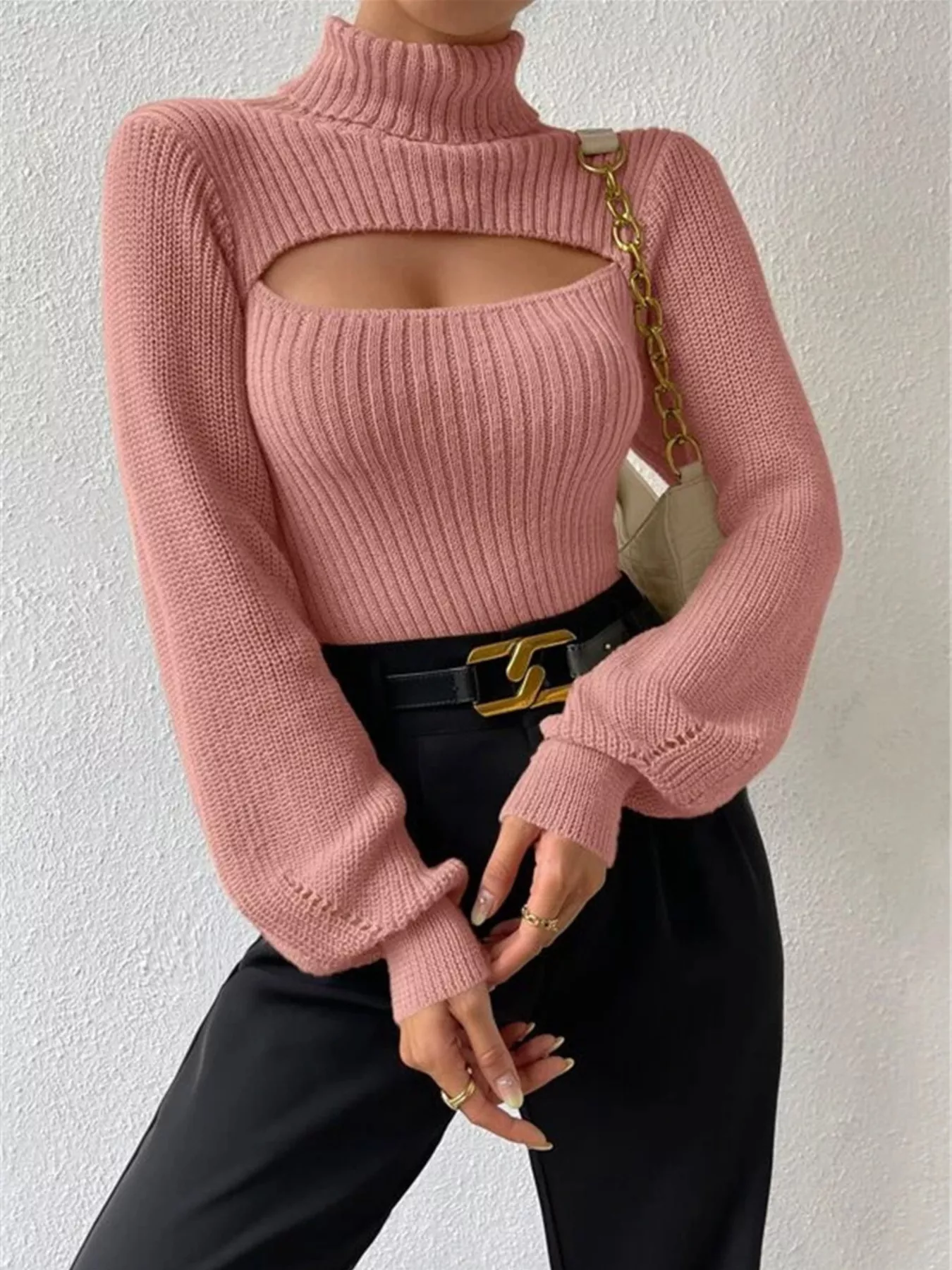 Cutout Front Turtleneck Long Sleeve Sweater - Image 15