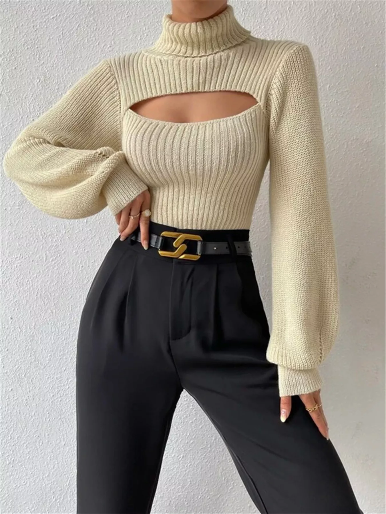 Cutout Front Turtleneck Long Sleeve Sweater - Image 3