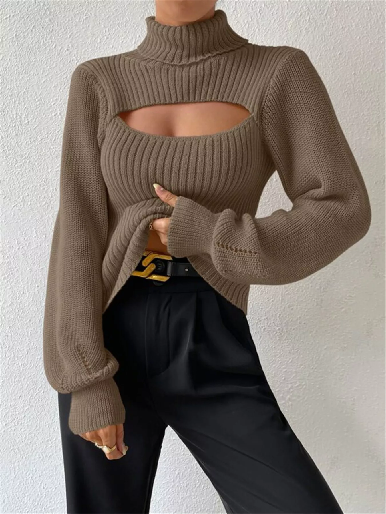 Cutout Front Turtleneck Long Sleeve Sweater - Image 9