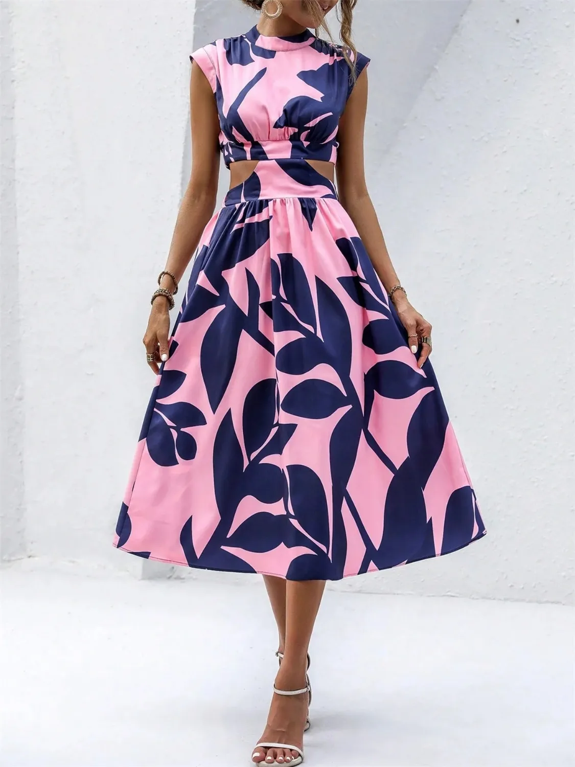 Cutout Printed Cap Sleeve Midi Dress - Image 3