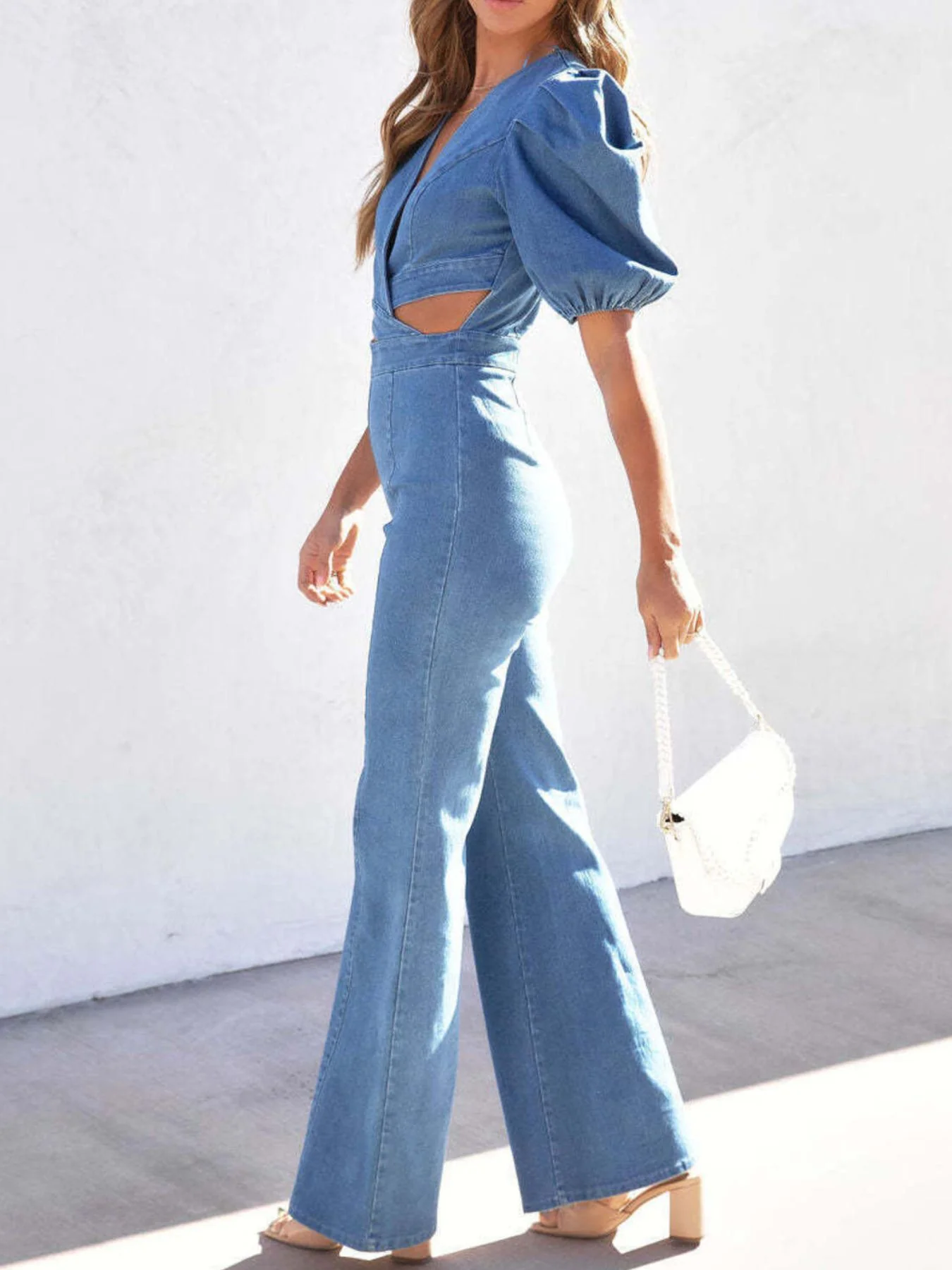 Cutout Puff Sleeve Denim Jumpsuit - Image 6