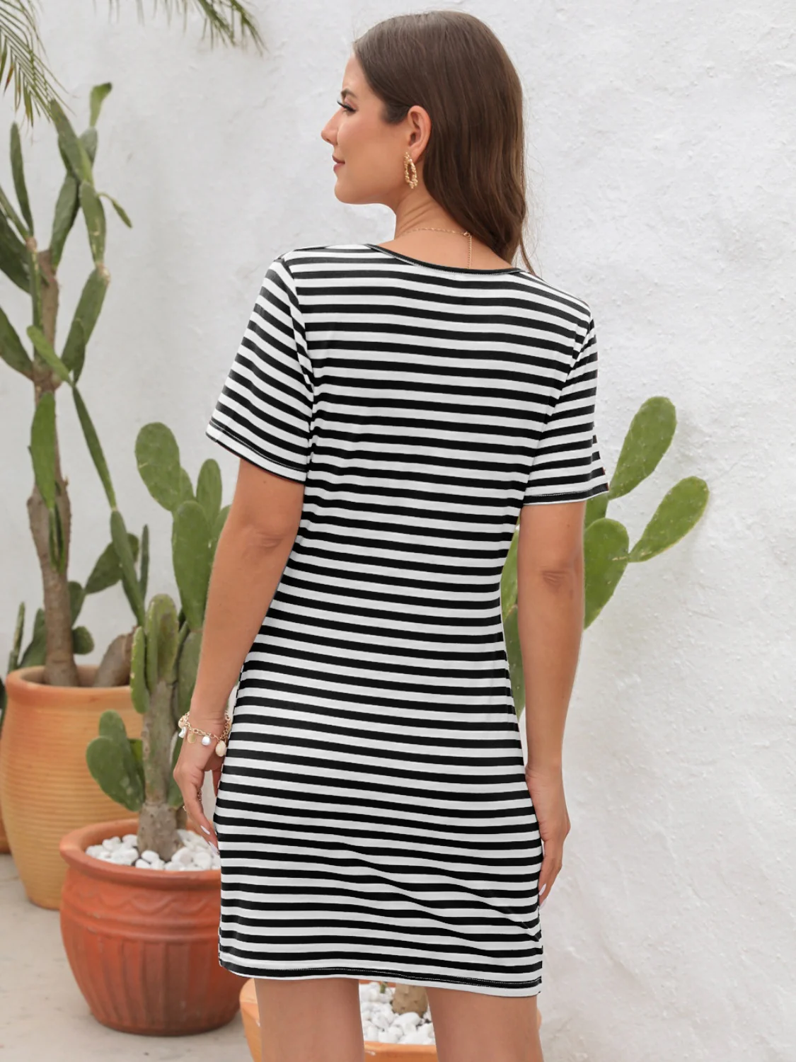 Cutout Striped Round Neck Short Sleeve Dress - Image 12