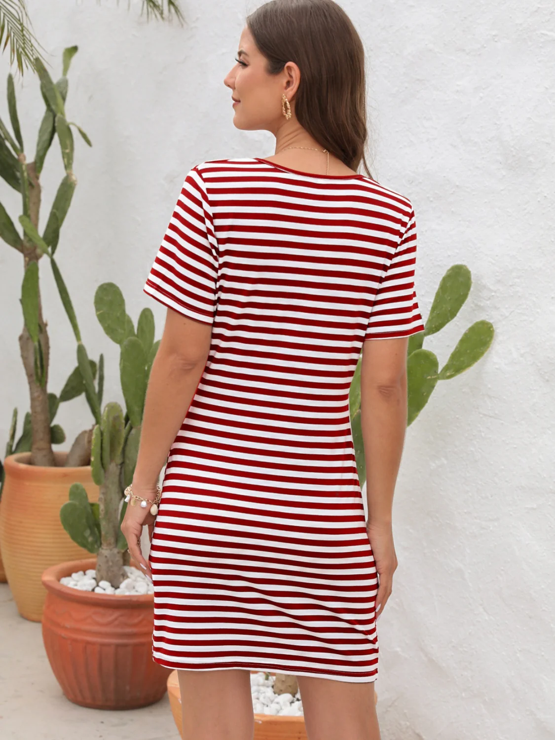 Cutout Striped Round Neck Short Sleeve Dress - Image 9